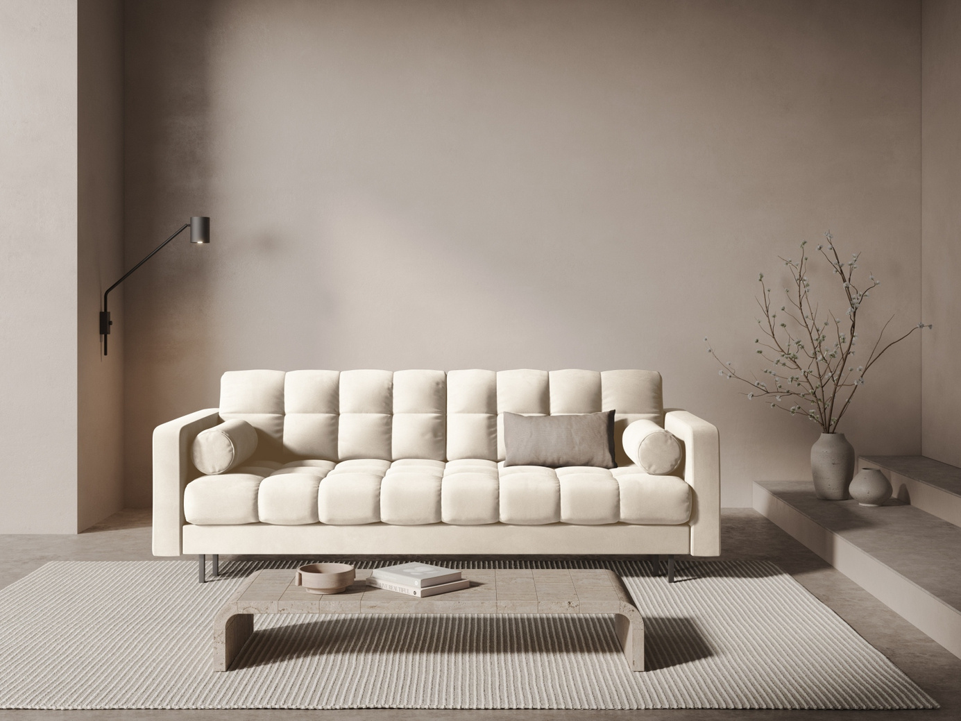 Cosmopolitan Design fløyelssovesofa med oppbevaring, "Bali", 3-seter, 222 × 84 × 105 cm, Bluvel, svarte metallben