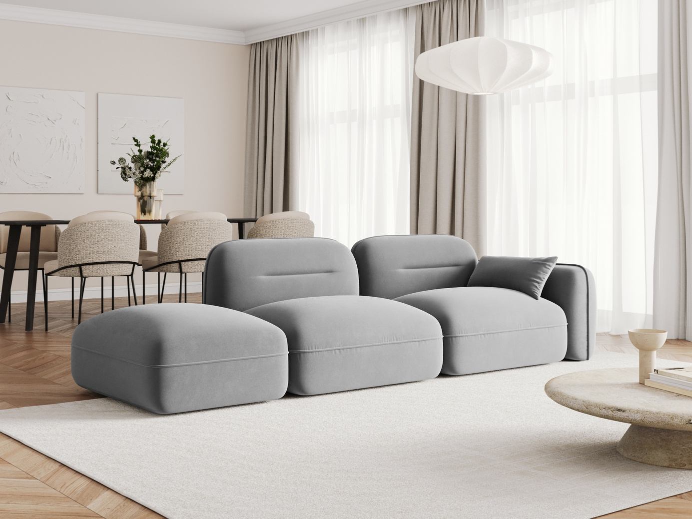 Cosmopolitan Design venstrevendt fløyelsmodulsofa, "Sydney", 3-seter, 295 × 90 × 70 cm, Casino, svarte plastben