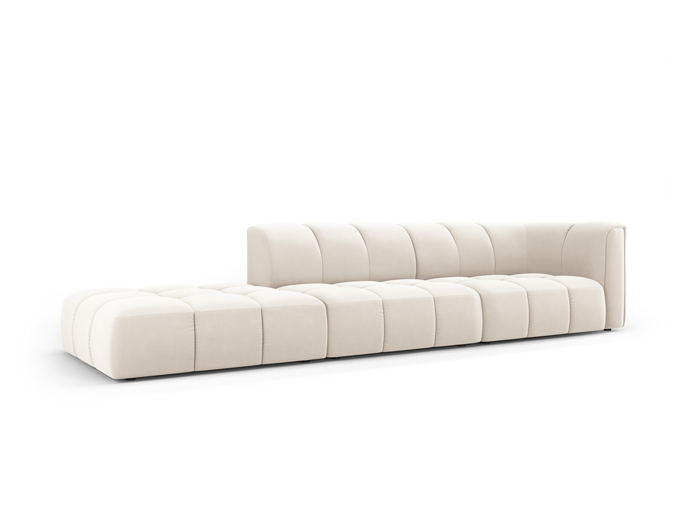 Cosmopolitan Design venstrevendt fløyelsmodulsofa, "Moritz", 4-seter, 293 × 96 × 70 cm, Bluvel, svarte plastben