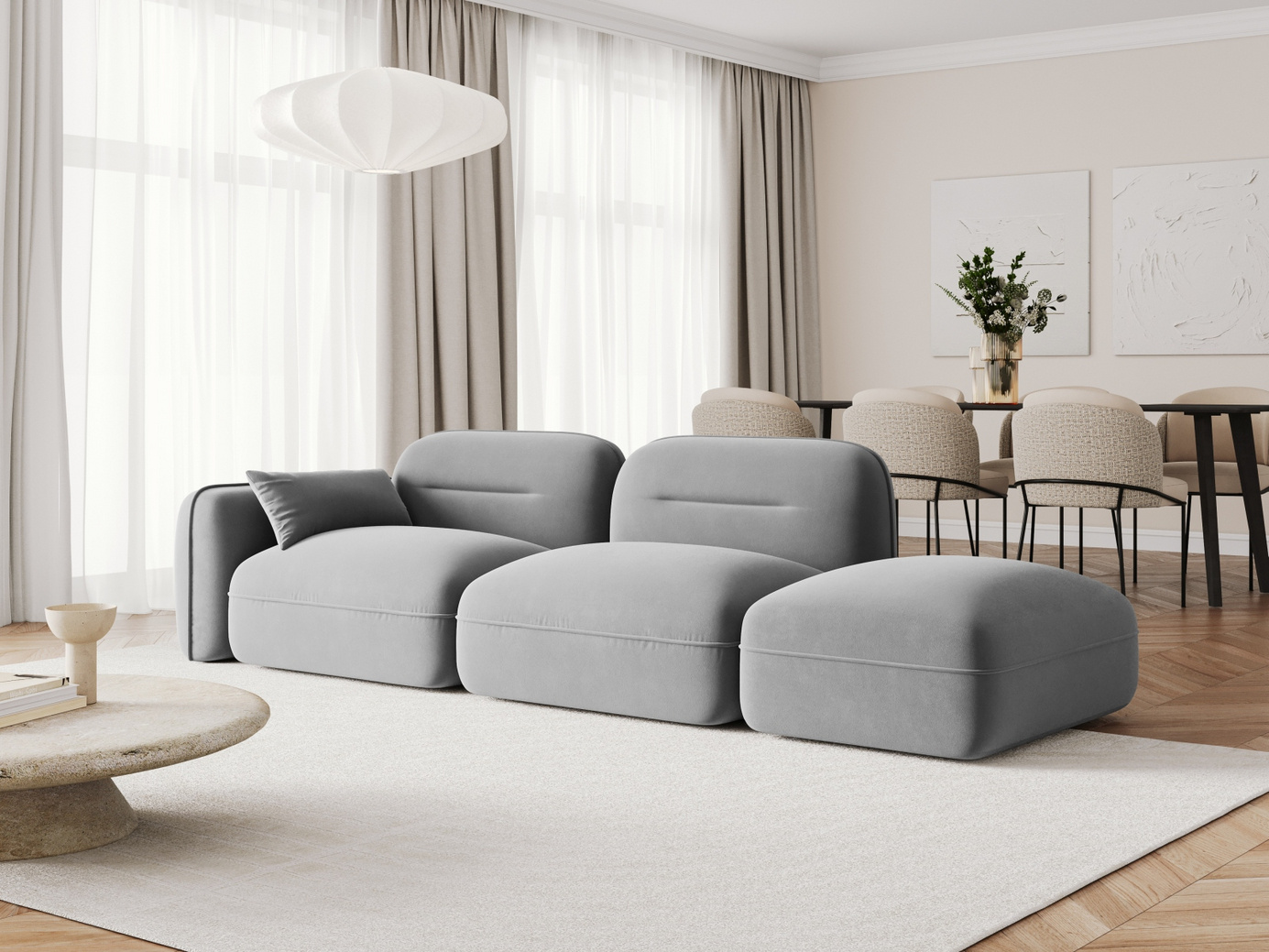 Cosmopolitan Design høyrevendt fløyelsmodulsofa, "Sydney", 3-seter, 295 × 90 × 70 cm, Casino, svarte plastben