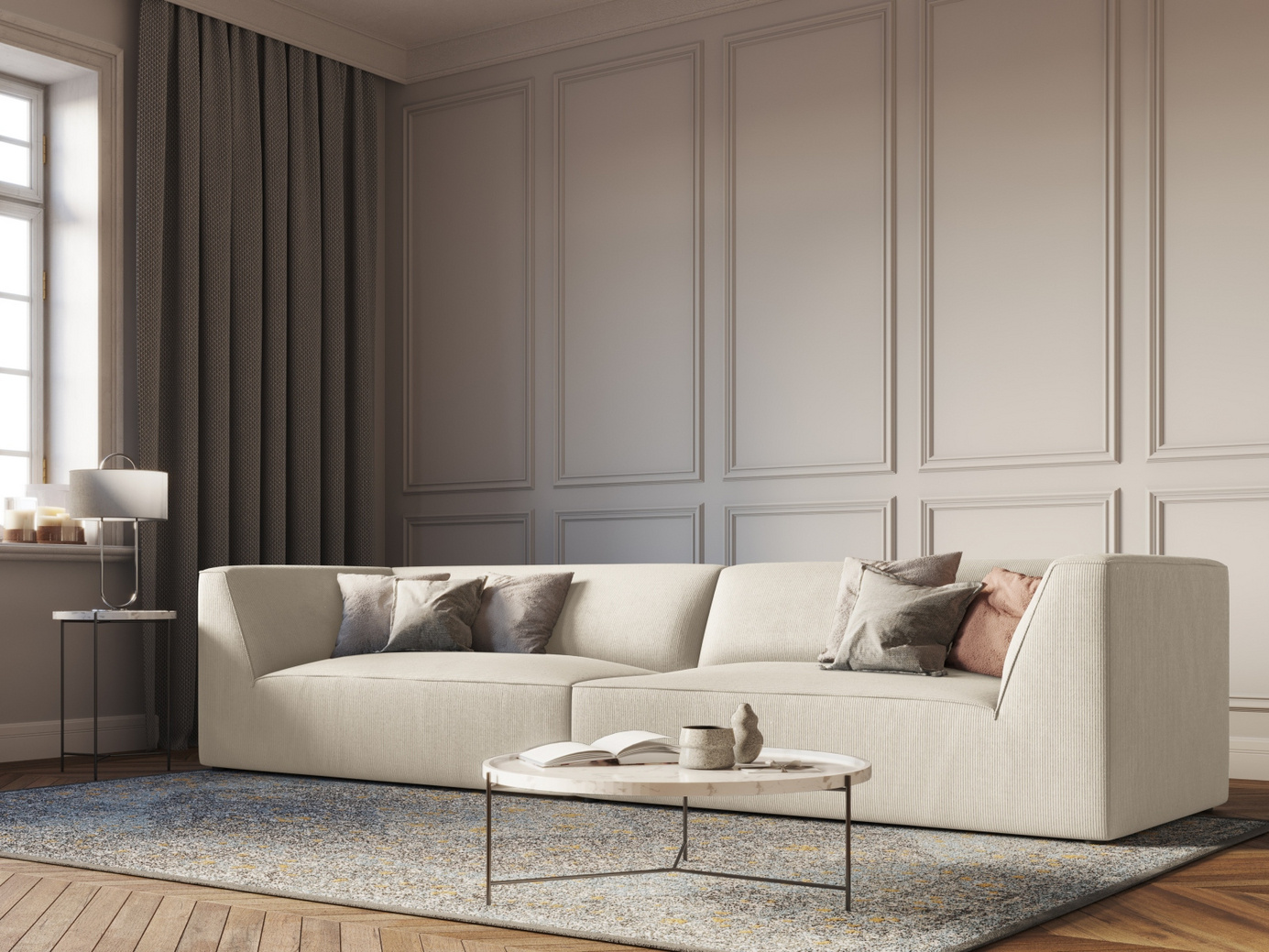 Cosmopolitan Design sofa, "Siena", 4-seter, 302 × 93 × 69 cm, Scala, svarte plastben