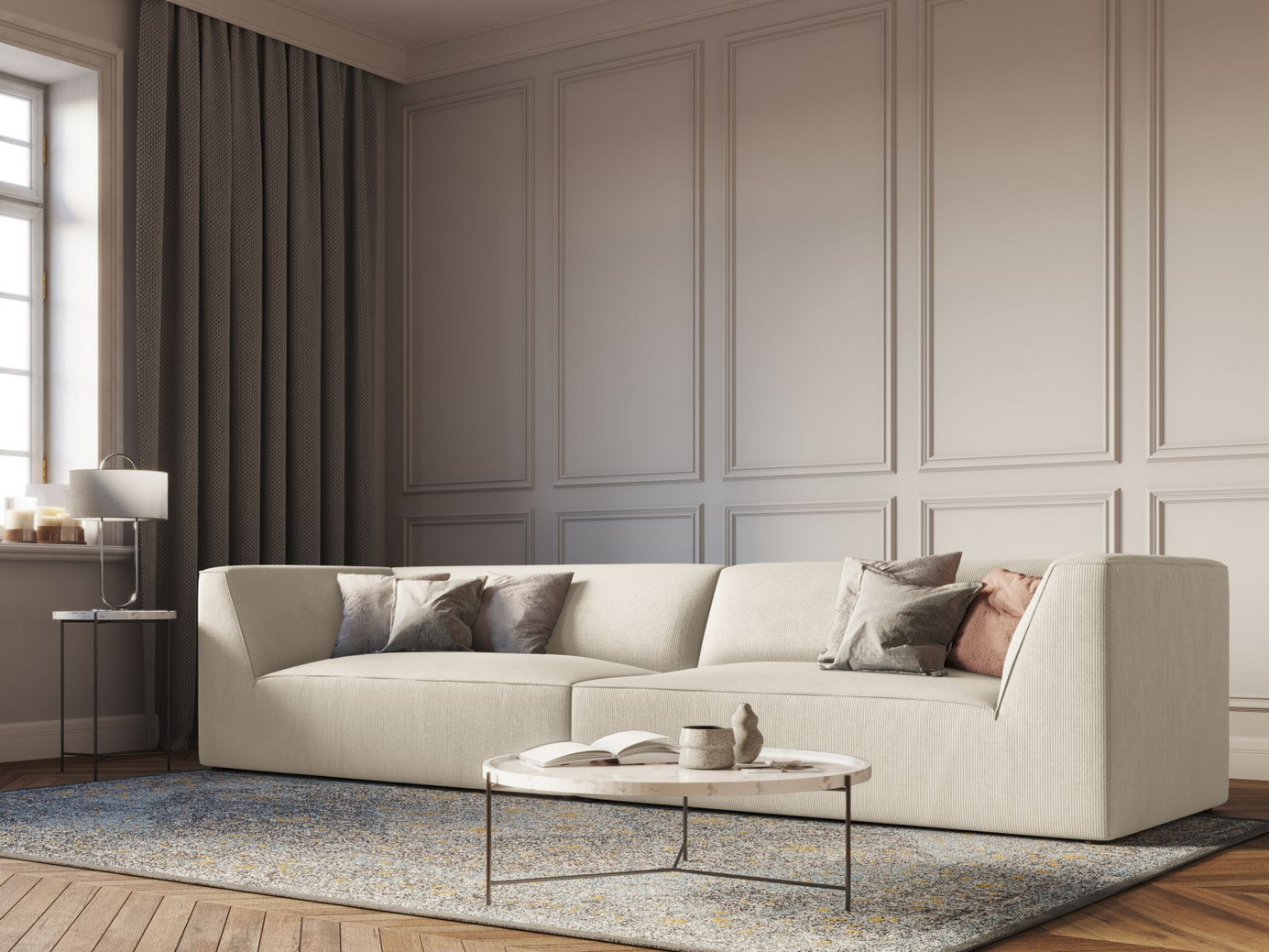 Cosmopolitan Design sofa, "Siena", 4-seter, 302 × 93 × 69 cm, Scala, svarte plastben