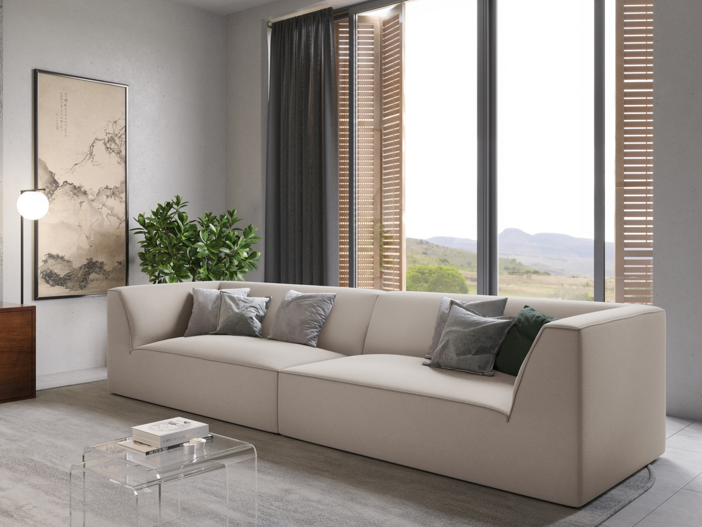 Cosmopolitan Design fløyelssofa, "Siena", 4-seter, 302 × 93 × 69 cm, Salvador, svarte plastben