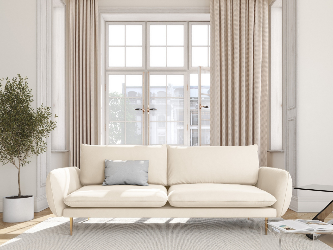 Cosmopolitan Design fløyelssofa, "Vienna", 4-seter, 230 × 92 × 95 cm, Bluvel, gullfargede metallben