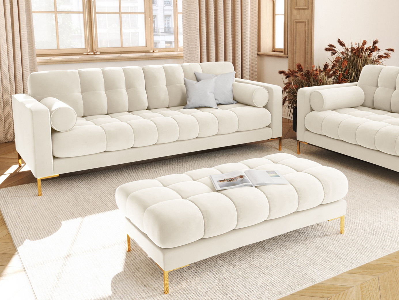 Cosmopolitan Design fløyelssofa, "Bali", 4-seter, 217 × 96 × 75 cm, Bluvel, gullfargede metallben
