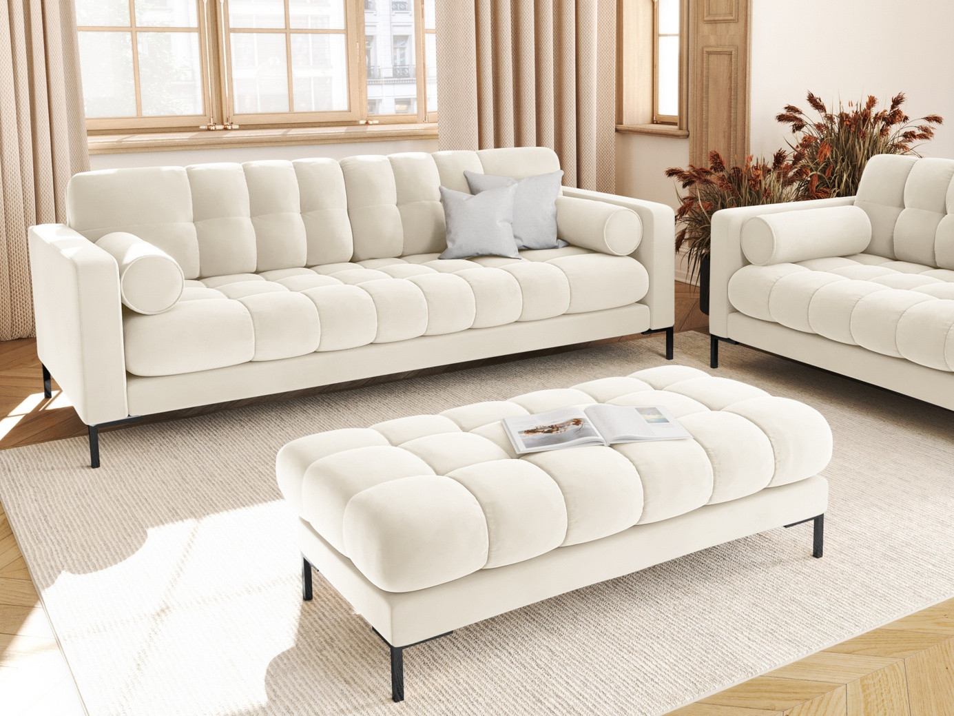 Cosmopolitan Design fløyelssofa, "Bali", 4-seter, 217 × 96 × 75 cm, Bluvel, svarte metallben