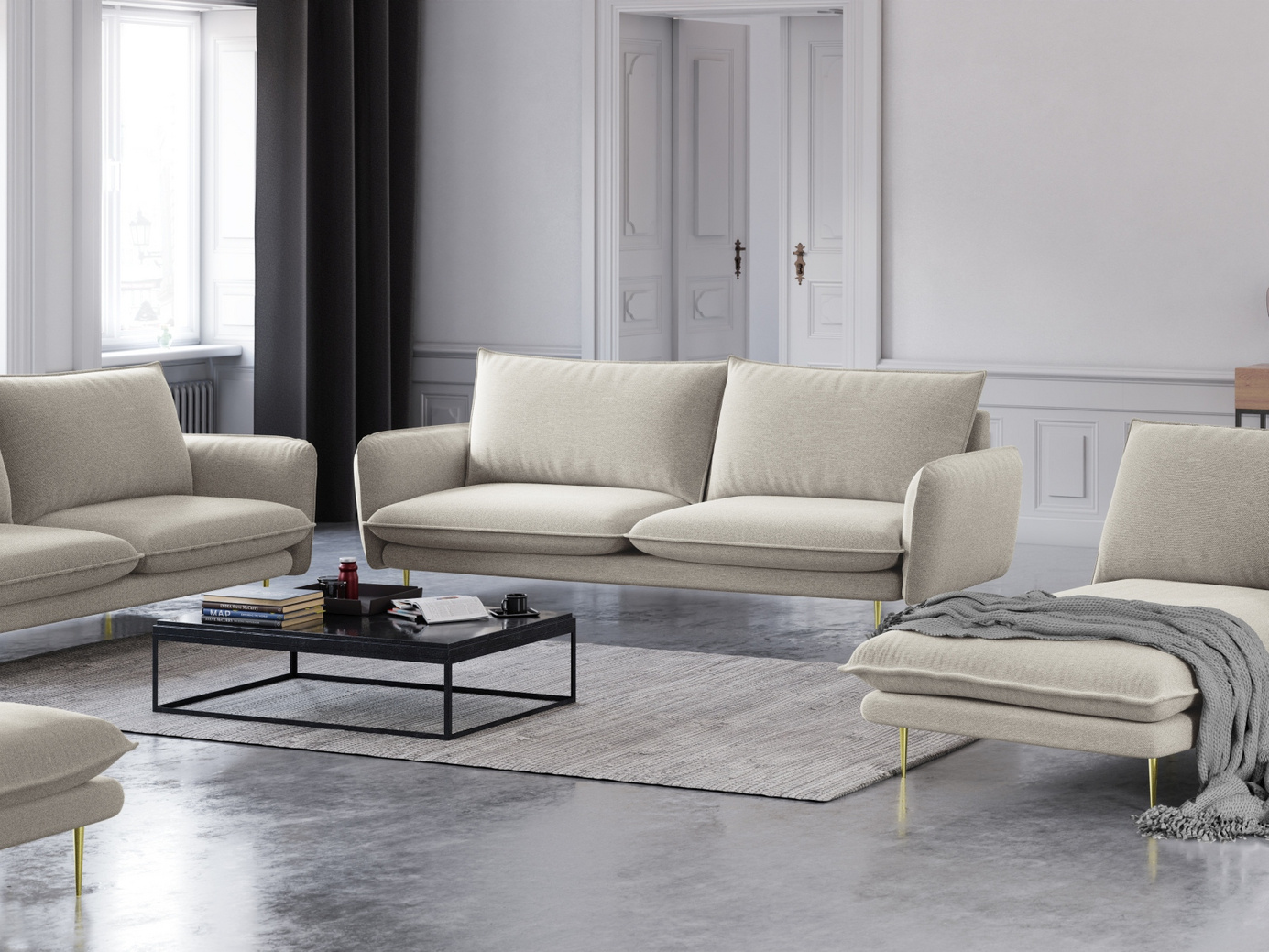 Cosmopolitan Design sofa, "Vienna", 4-seter, 230 × 92 × 95 cm, Positano, gullfargede metallben