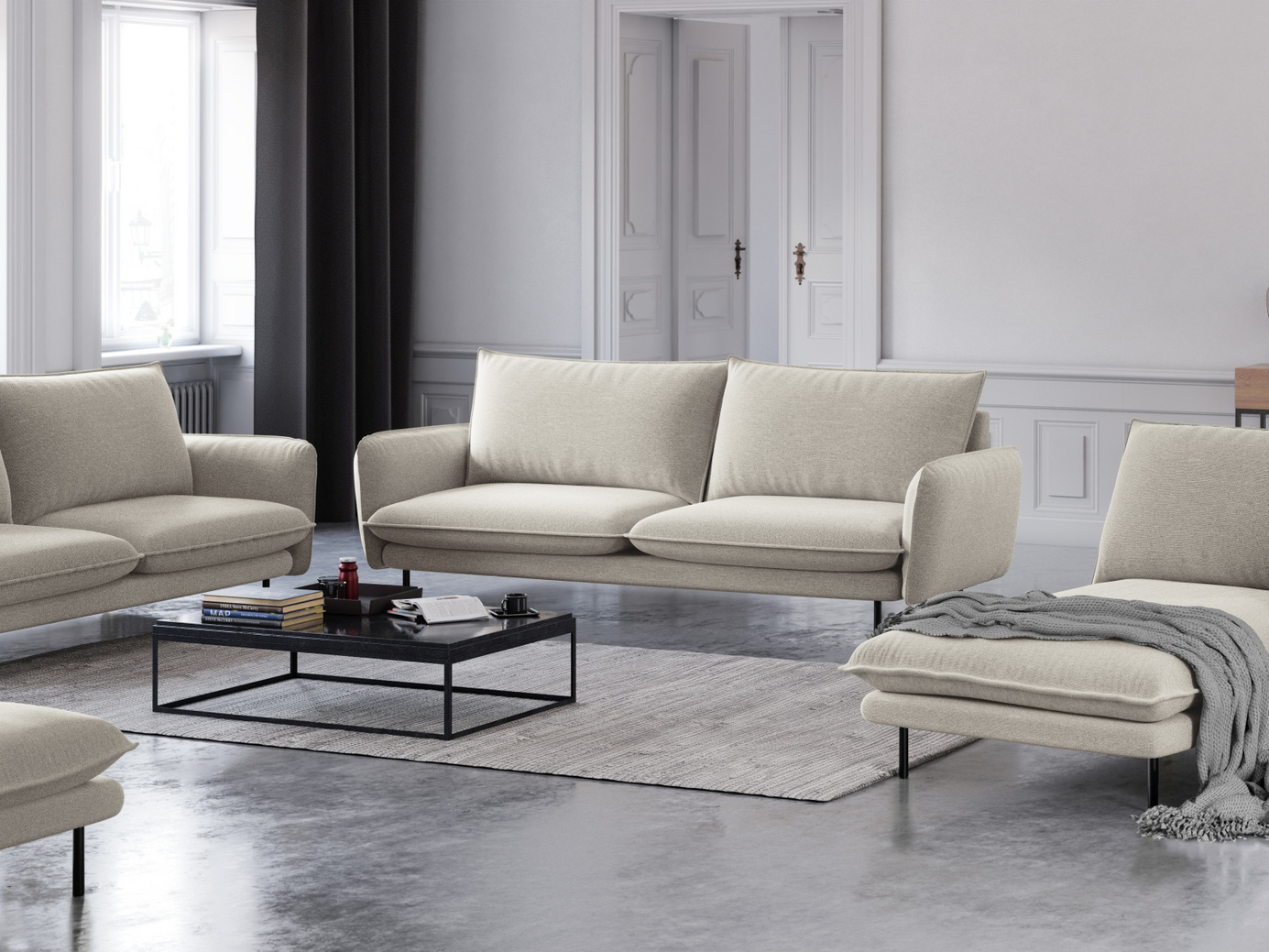 Cosmopolitan Design sofa, "Vienna", 4-seter, 230 × 92 × 95 cm, Positano, svarte metallben