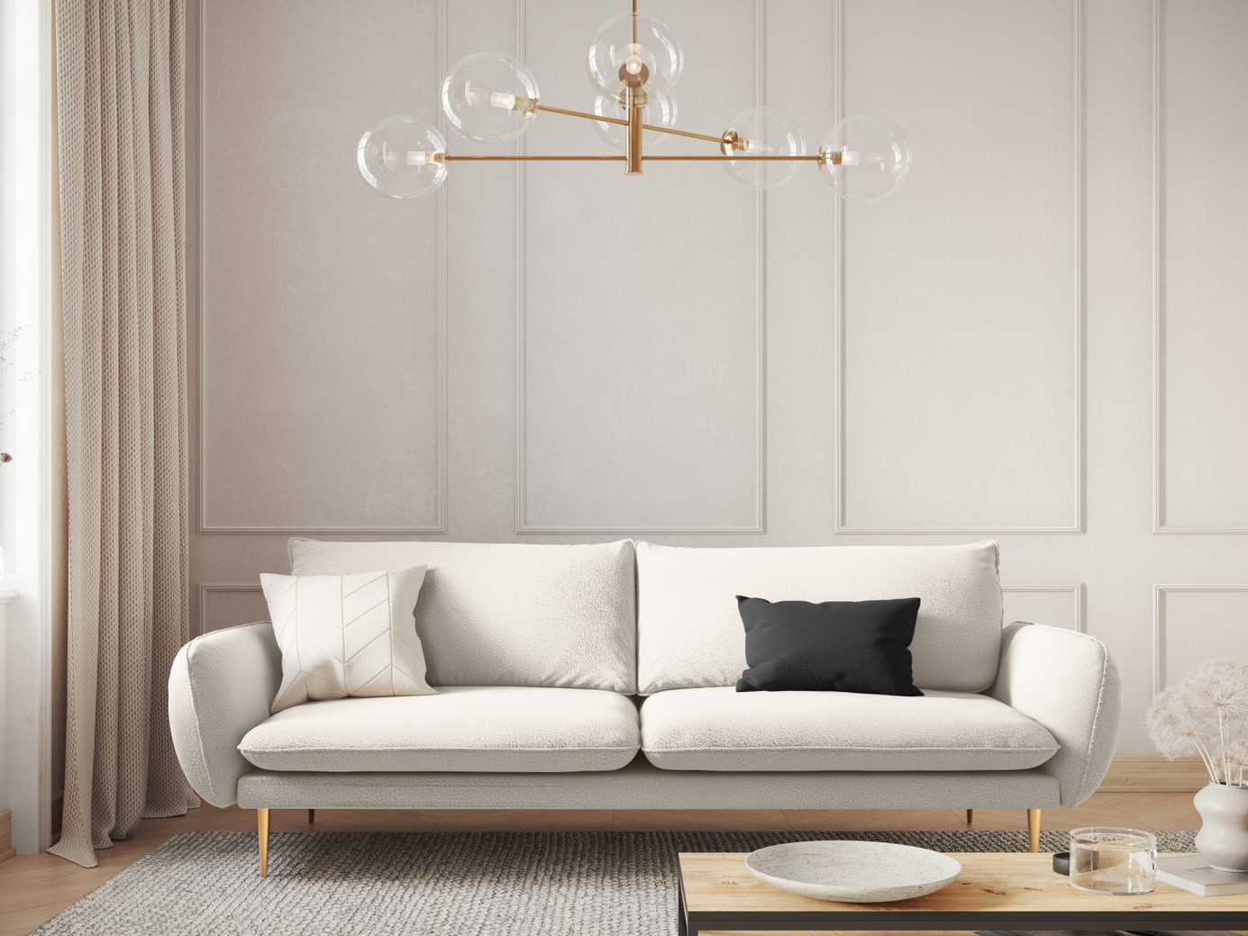 Cosmopolitan Design bouclé-sofa, "Vienna", 4-seter, 230 × 92 × 95 cm, Ascot, gullfargede metallben