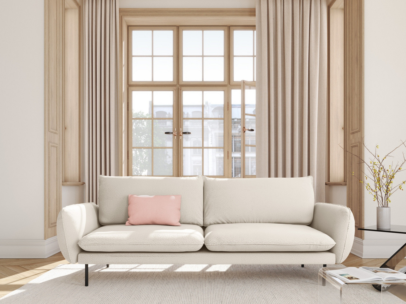 Cosmopolitan Design bouclé-sofa, "Vienna", 4-seter, 230 × 92 × 95 cm, Ascot, svarte metallben