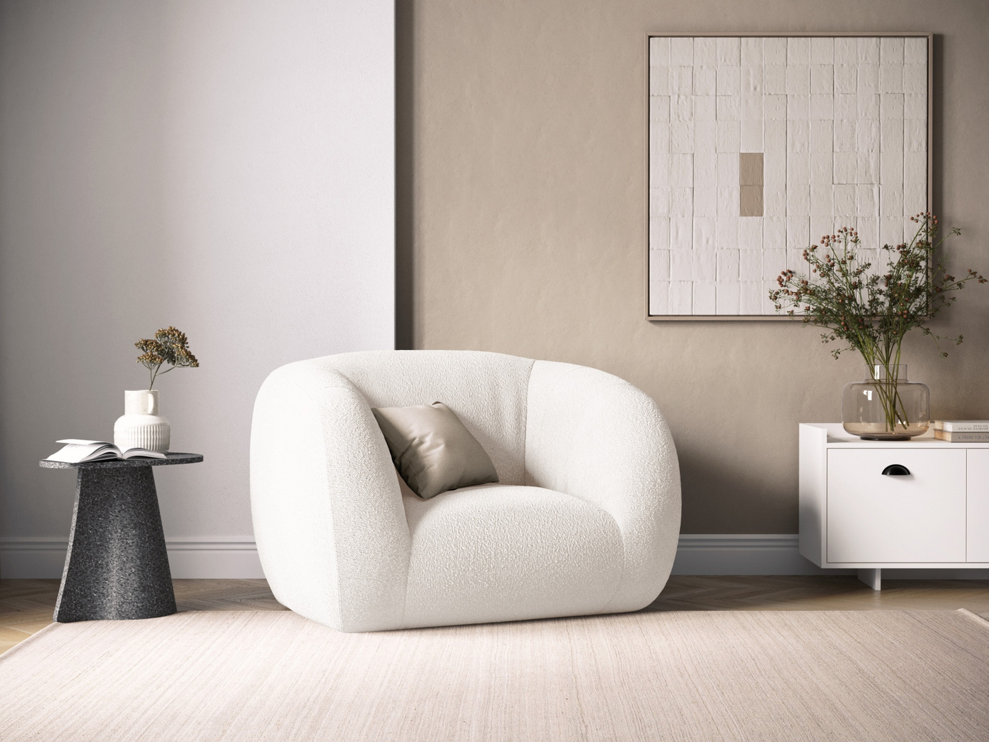 Cosmopolitan Design bouclé-lenestol, "Essen", 1-seter, 130 × 95 × 86 cm, Baloo, svarte plastben