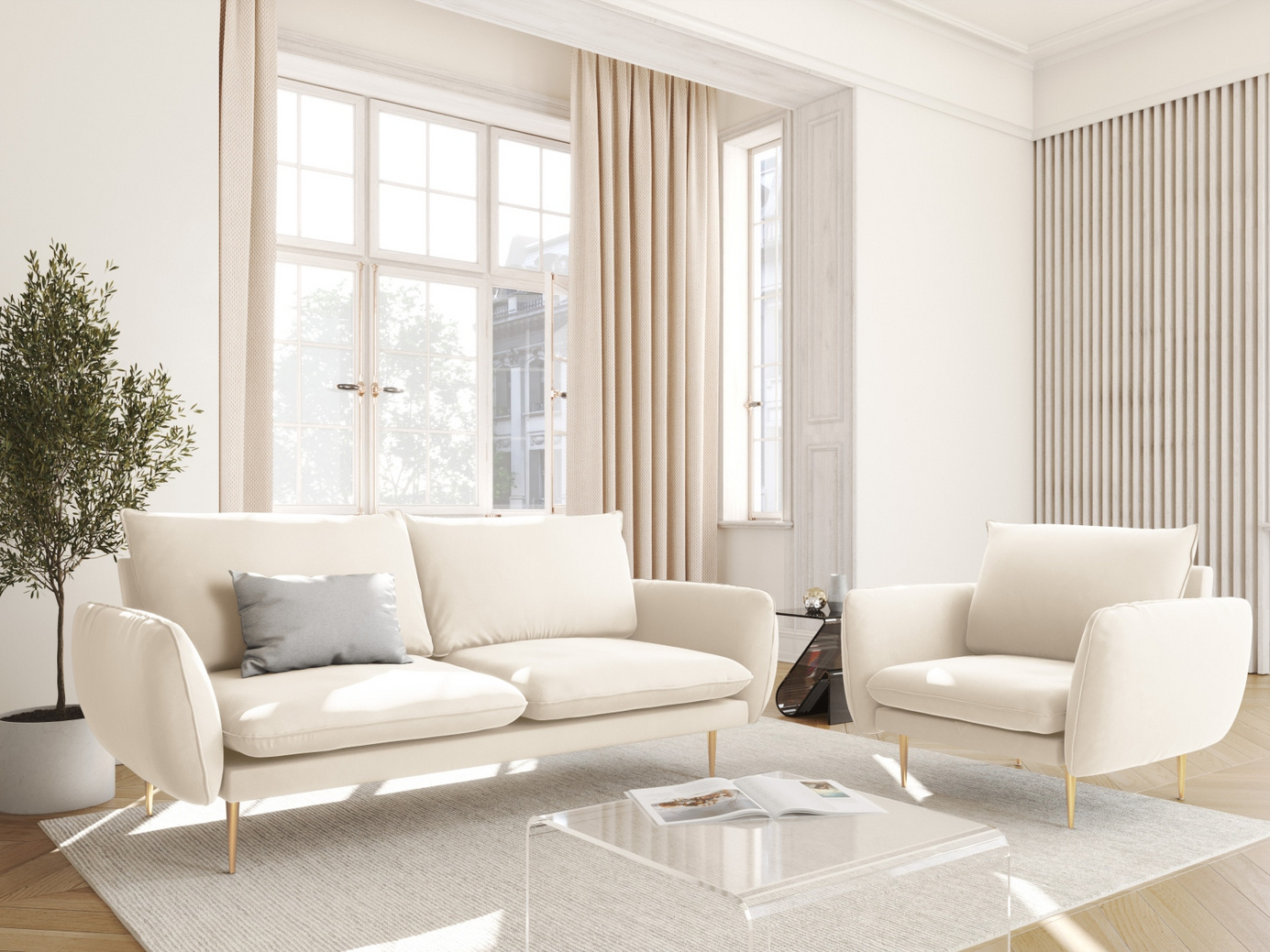 Cosmopolitan Design fløyelslenestol, "Vienna", 1-seter, 97 × 94 × 95 cm, Bluvel, gullfargede metallben