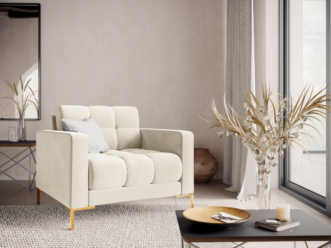 Cosmopolitan Design fløyelslenestol, "Bali", 1-seter, 87 × 96 × 75 cm, Bluvel, gullfargede metallben