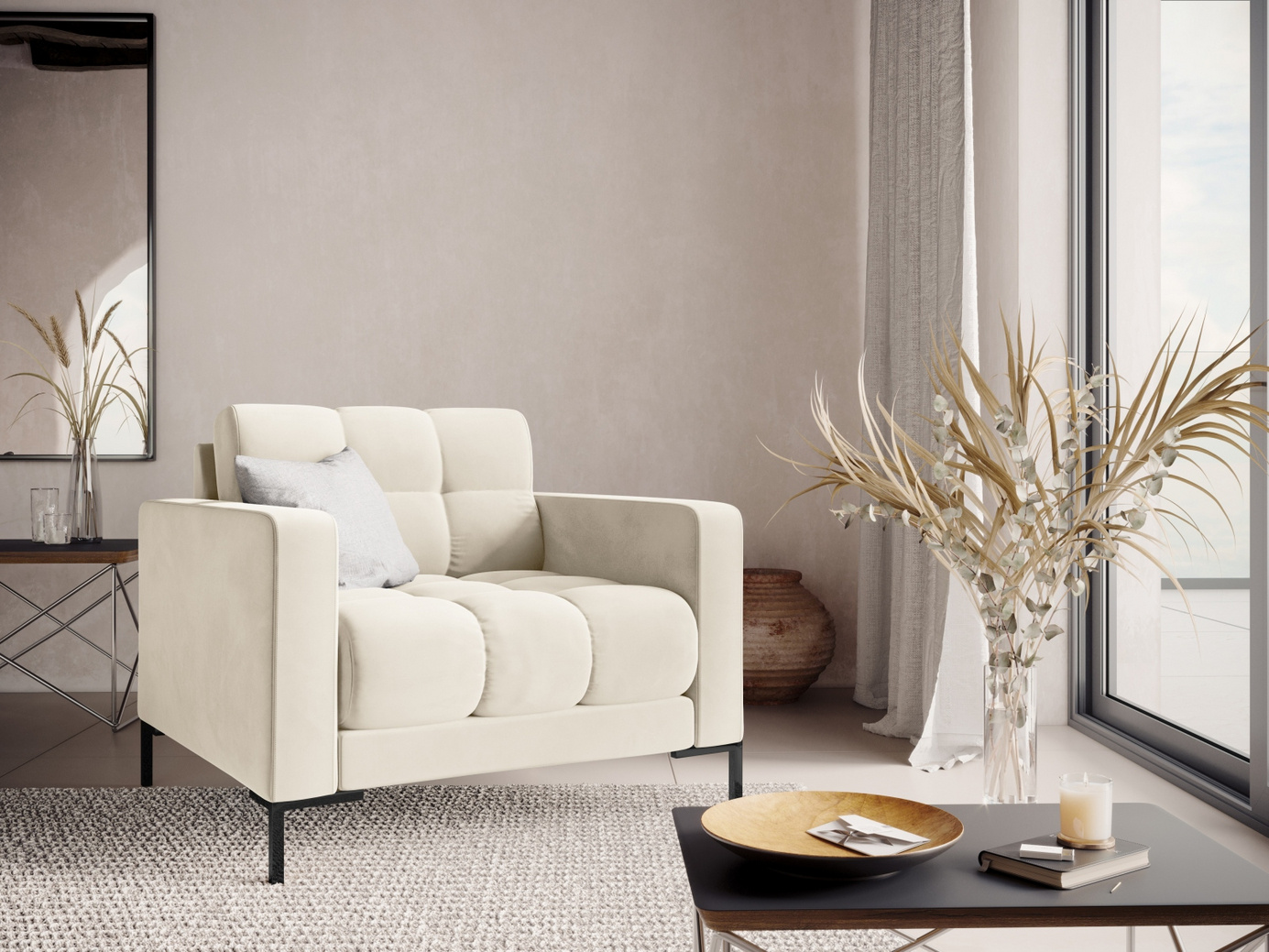 Cosmopolitan Design fløyelslenestol, "Bali", 1-seter, 87 × 96 × 75 cm, Bluvel, svarte metallben