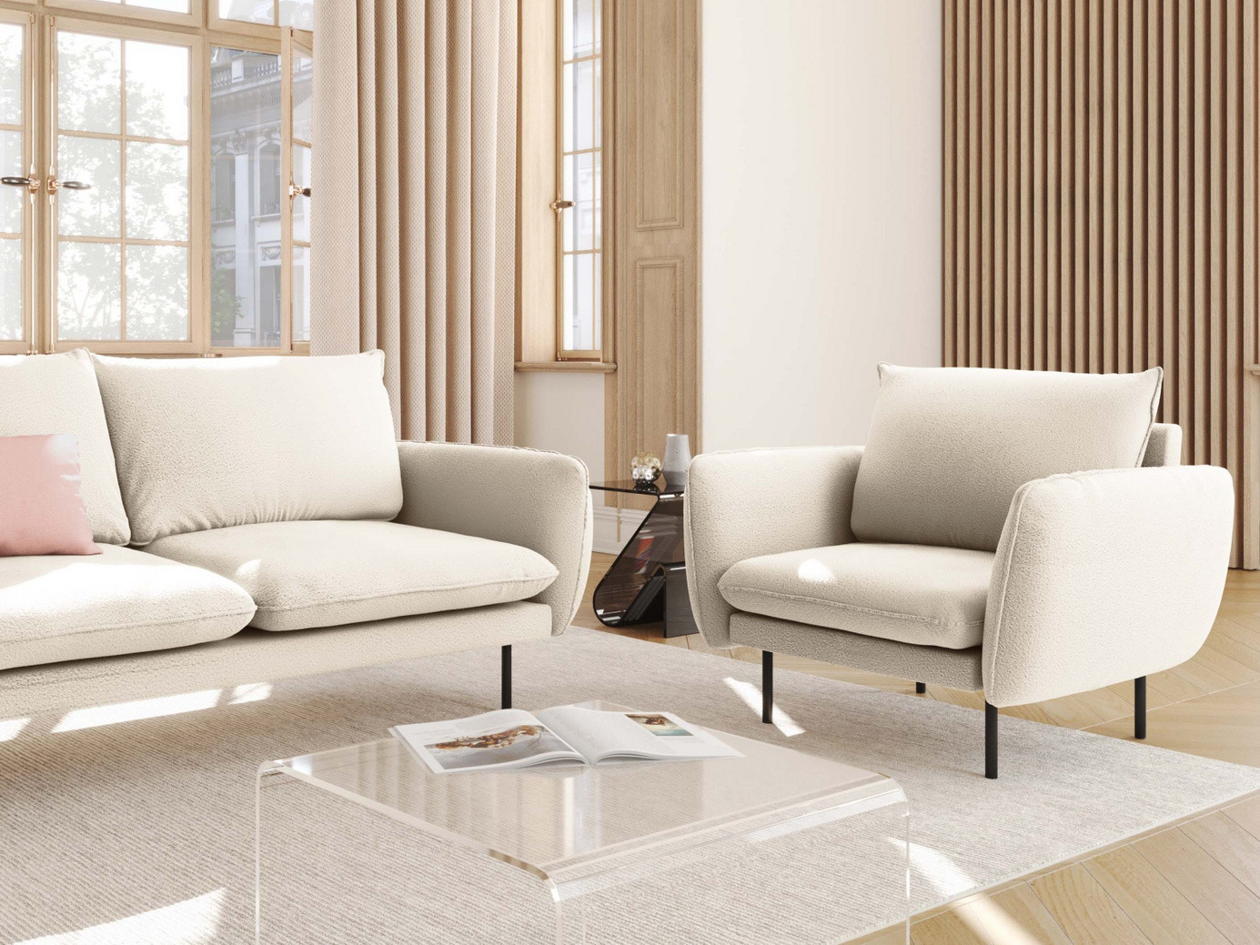 Cosmopolitan Design bouclé-lenestol, "Vienna", 1-seter, 97 × 94 × 95 cm, Ascot, svarte metallben