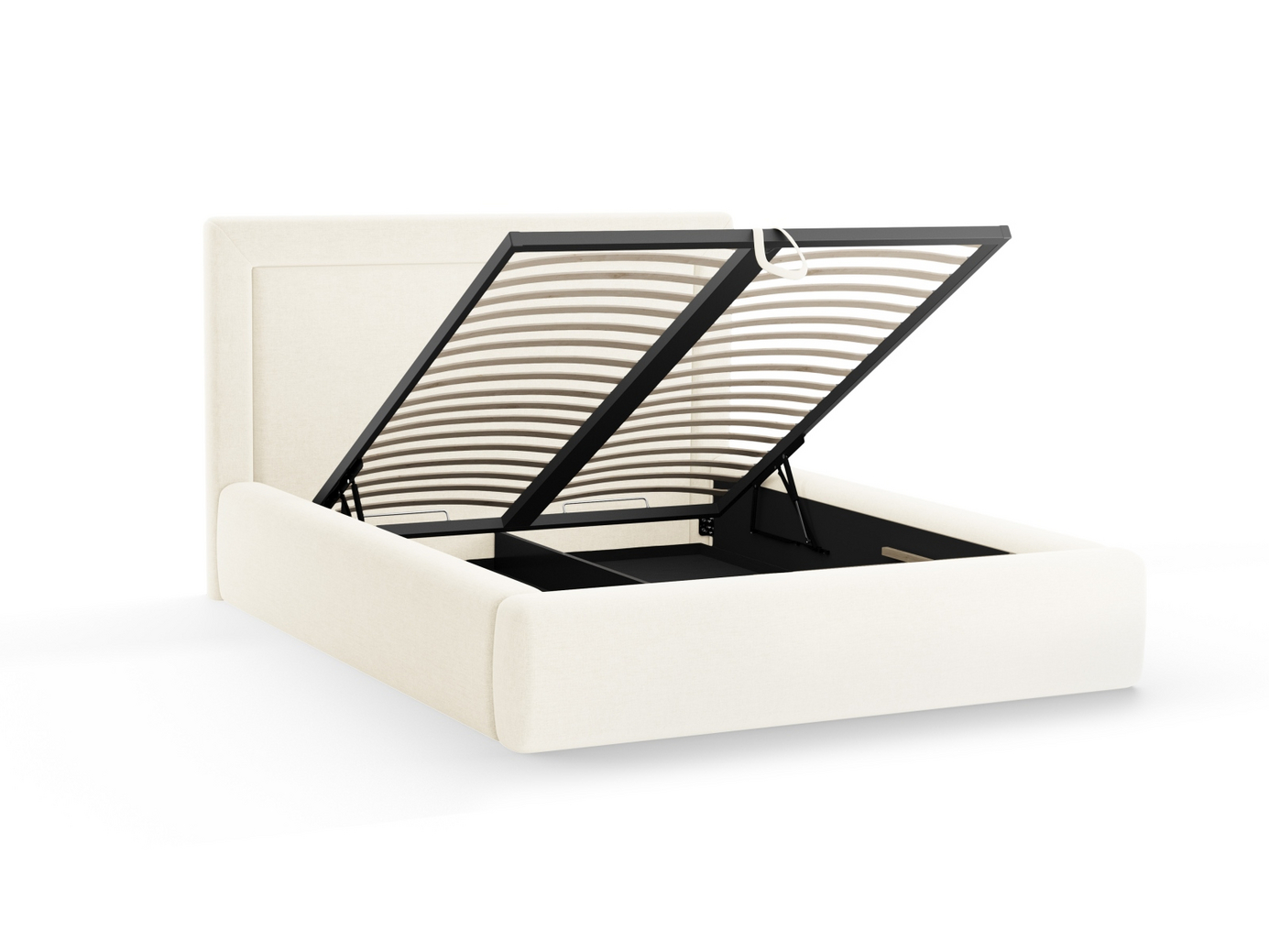 Cosmopolitan Design bouclé-seng med oppbevaring og sengegavl, "Kemer", 165 × 230 × 120 cm, Baloo, svarte plastben