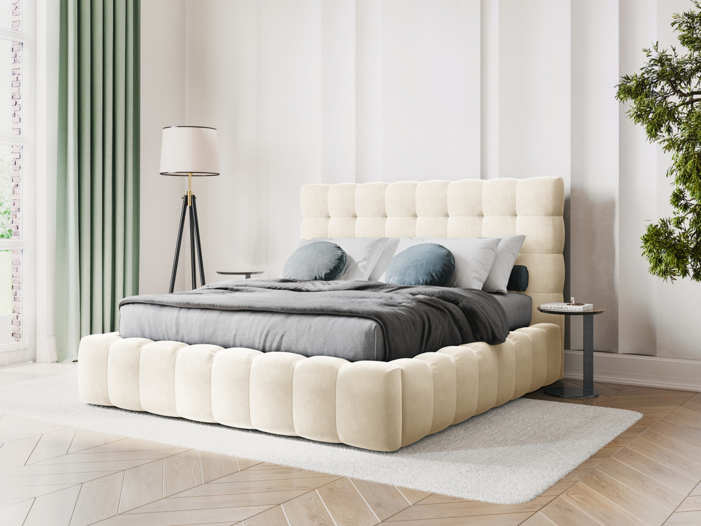 Cosmopolitan Design fløyelsseng med oppbevaring og sengegavl, "Bali", 165 × 230 × 125 cm, Bluvel, svarte plastben