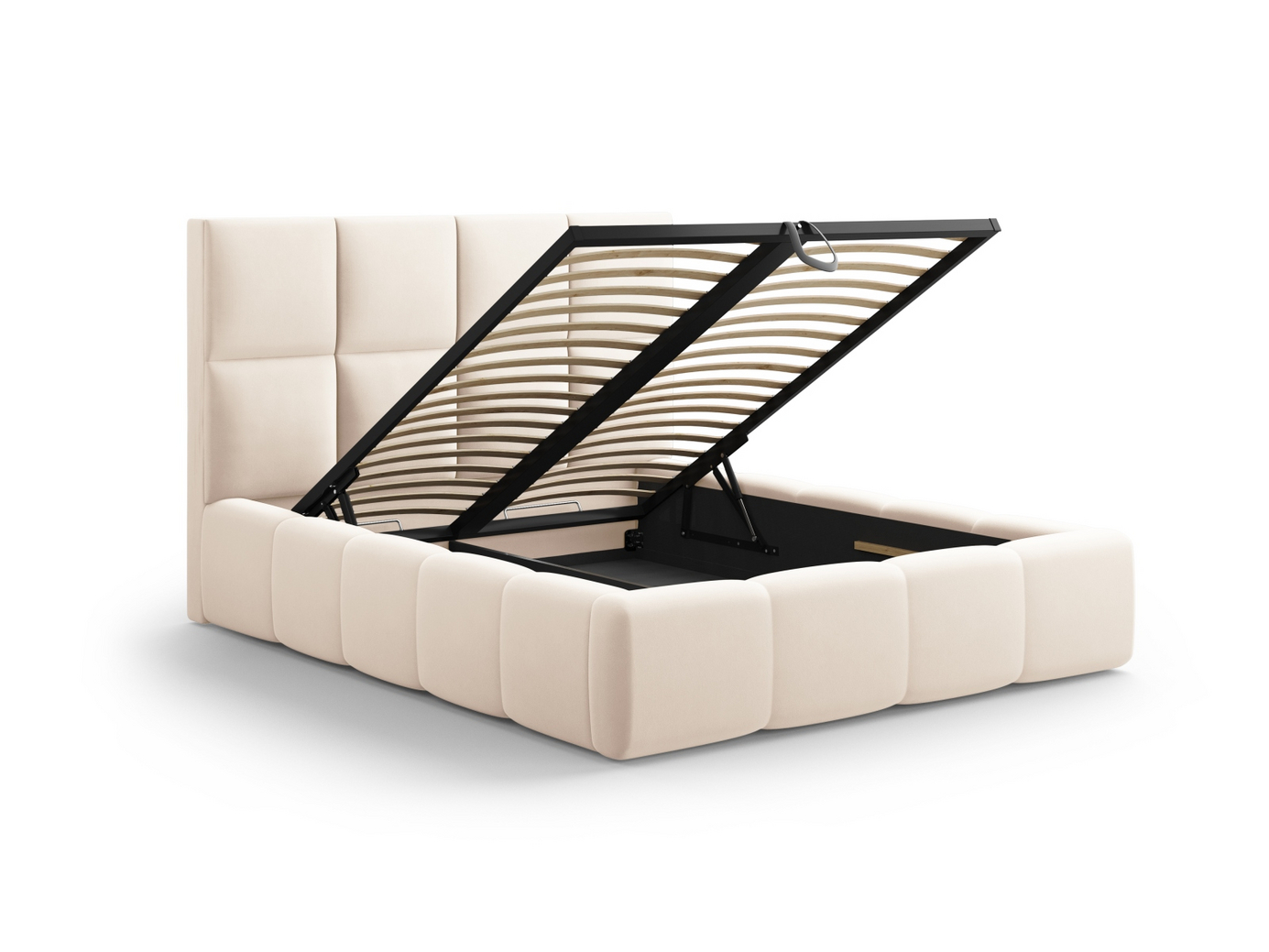 Cosmopolitan Design fløyelsseng med oppbevaring og sengegavl, "Livigno", 165 × 230 × 125 cm, Bluvel, svarte plastben