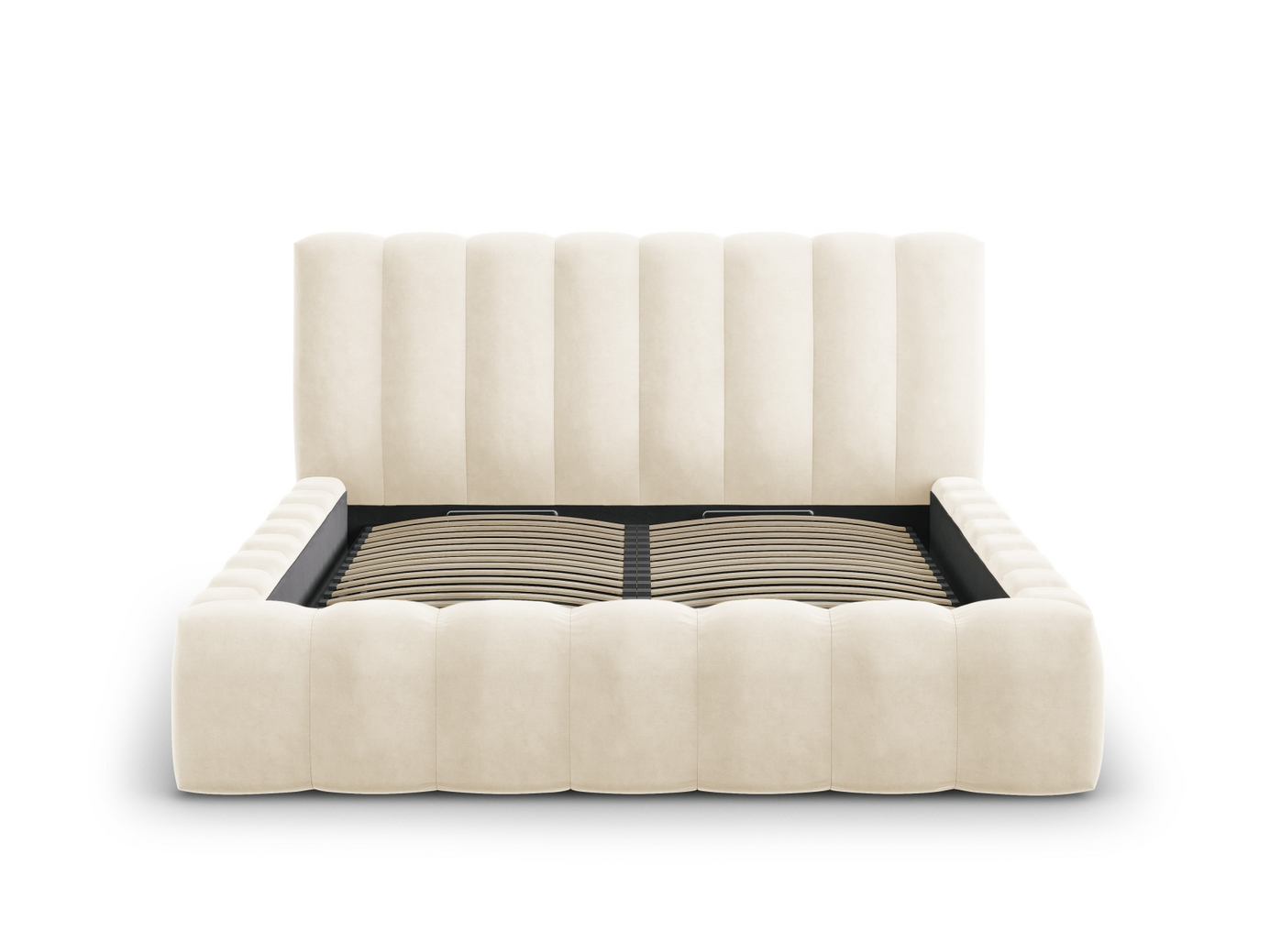 Cosmopolitan Design fløyelsseng med oppbevaring og sengegavl, "Palma", 165 × 230 × 94 cm, Bluvel, svarte plastben