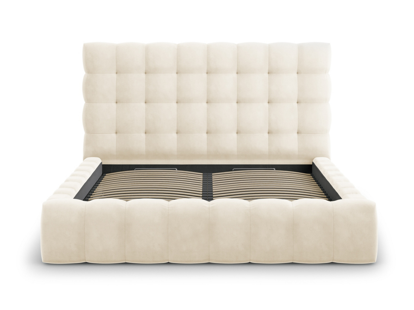 Cosmopolitan Design fløyelsseng med oppbevaring og sengegavl, "Bali", 205 × 230 × 125 cm, Bluvel, svarte plastben