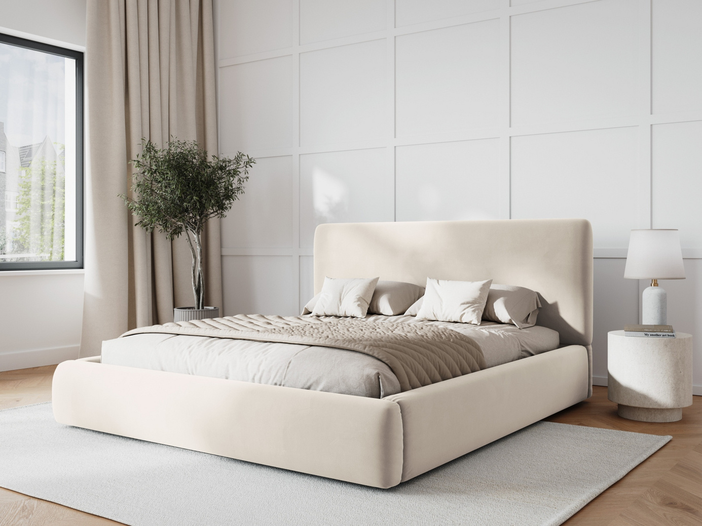 Cosmopolitan Design fløyelsseng med oppbevaring og sengegavl, "Colonel", 220 × 220 × 100 cm, Riviera, svarte plastben