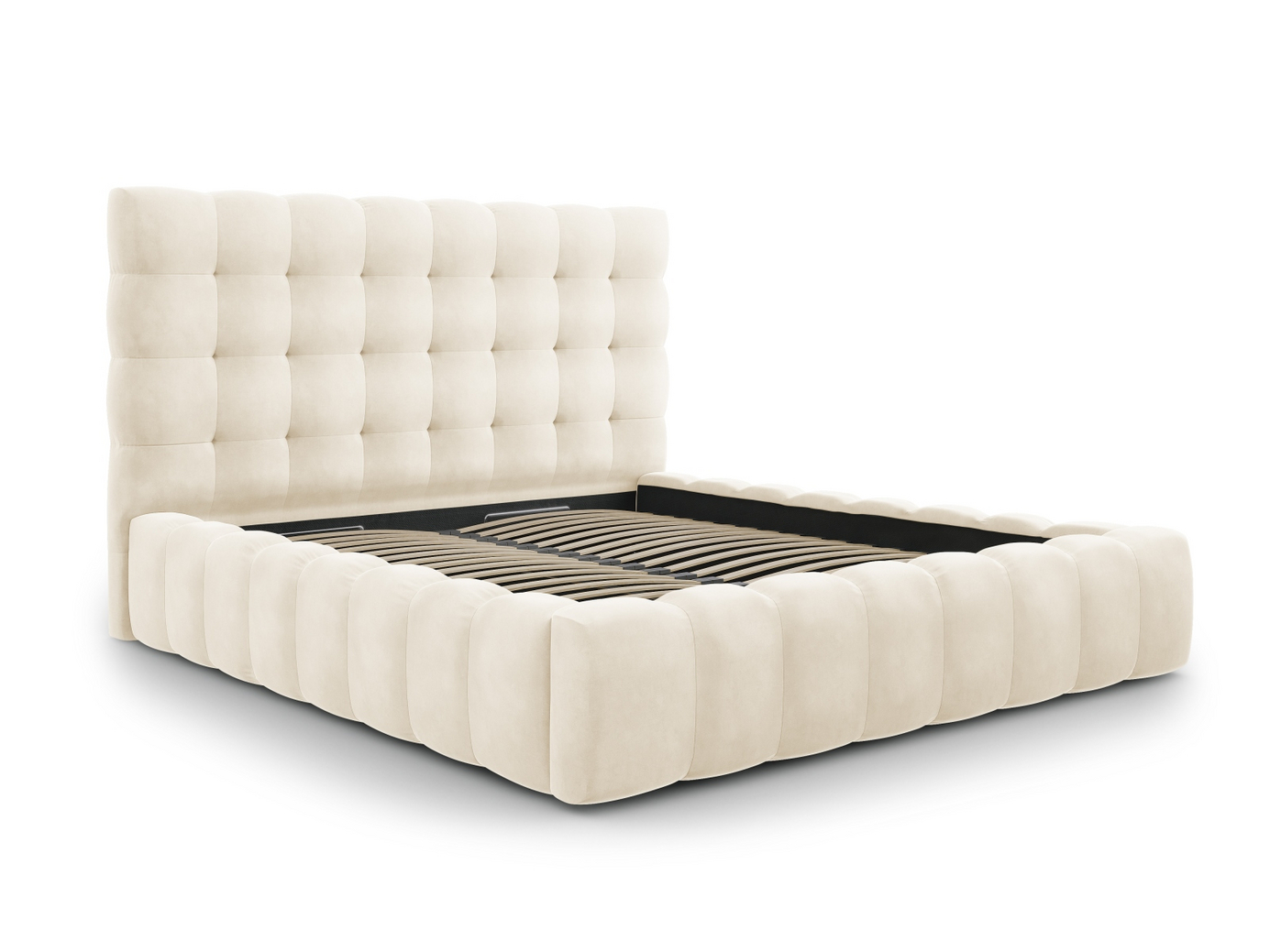 Cosmopolitan Design fløyelsseng med oppbevaring og sengegavl, "Bali", 225 × 230 × 125 cm, Bluvel, svarte plastben