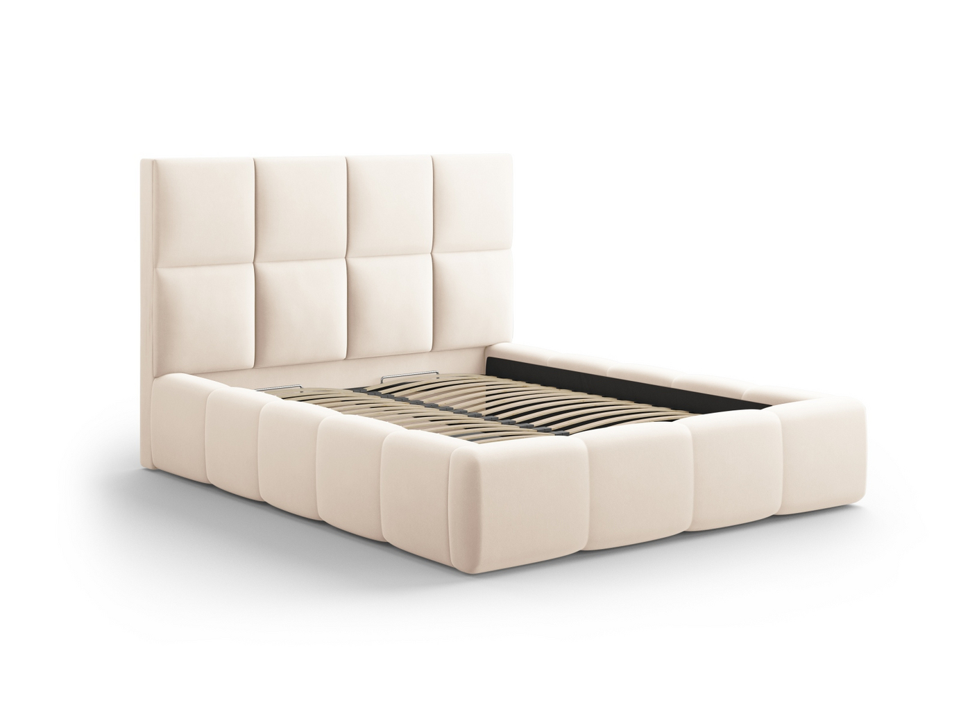 Cosmopolitan Design fløyelsseng med oppbevaring og sengegavl, "Livigno", 225 × 230 × 125 cm, Bluvel, svarte plastben
