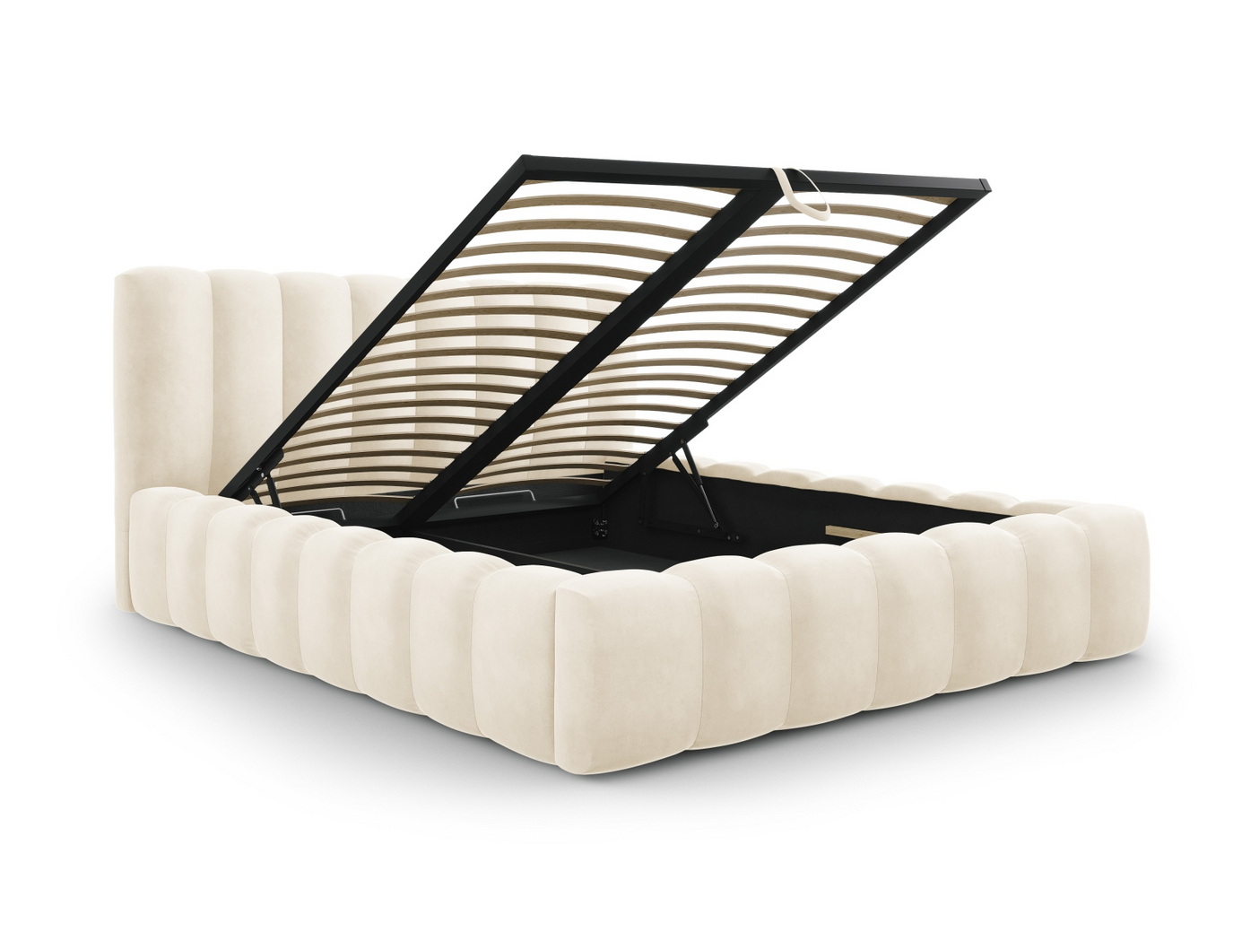Cosmopolitan Design fløyelsseng med oppbevaring og sengegavl, "Palma", 225 × 230 × 94 cm, Bluvel, svarte plastben