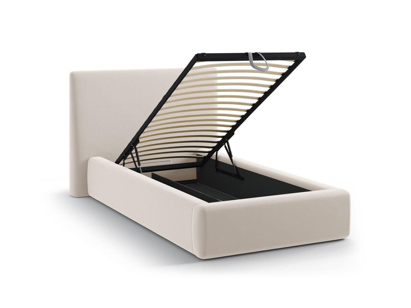Cosmopolitan Design fløyelsseng med oppbevaring og sengegavl, "Asti", 130 × 220 × 95 cm, Magic Velvet, svarte plastben