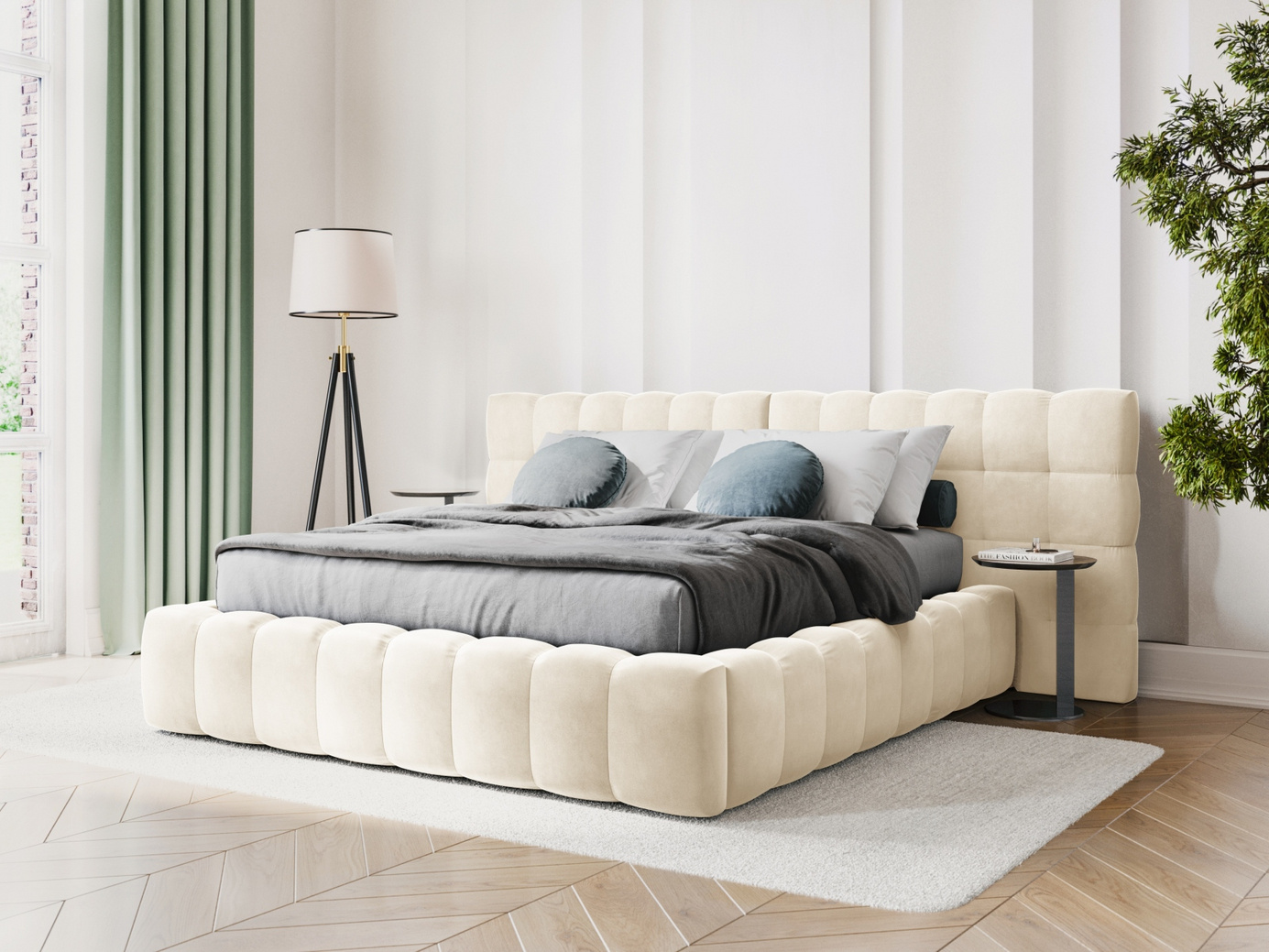 Cosmopolitan Design fløyelsseng med oppbevaring og dobbel sengegavl, "Bali", 200 × 230 × 100 cm, Bluvel, svarte plastben