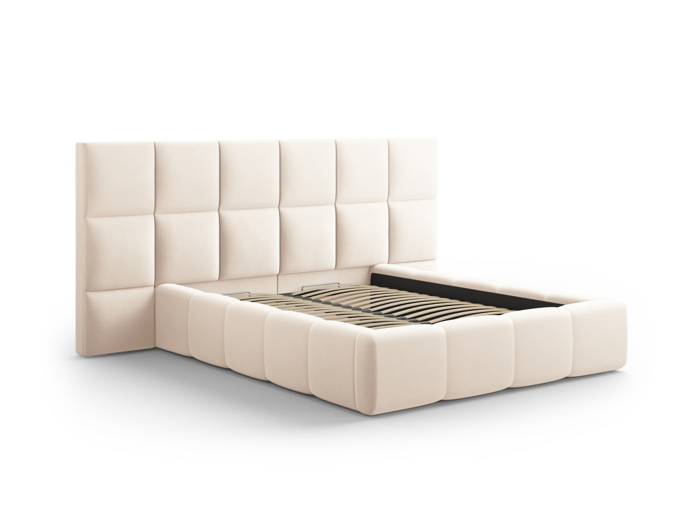 Cosmopolitan Design fløyelsseng med oppbevaring og dobbel sengegavl, "Livigno", 200 × 230 × 125 cm, Bluvel, svarte plastben