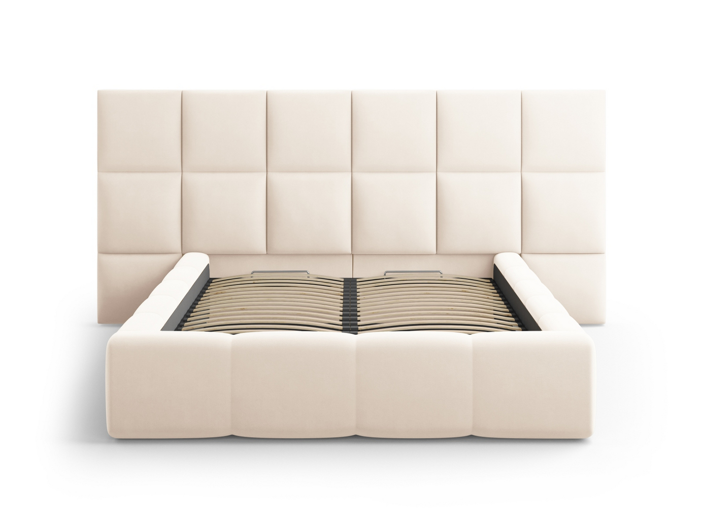 Cosmopolitan Design fløyelsseng med oppbevaring og dobbel sengegavl, "Livigno", 200 × 230 × 125 cm, Bluvel, svarte plastben