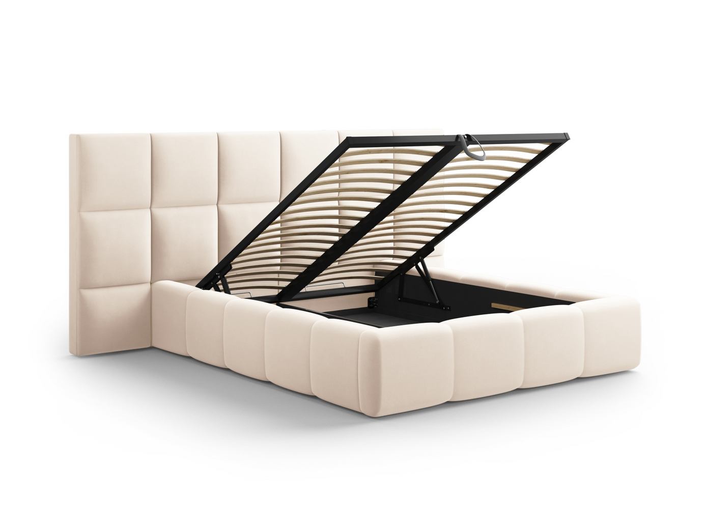 Cosmopolitan Design fløyelsseng med oppbevaring og dobbel sengegavl, "Livigno", 200 × 230 × 125 cm, Bluvel, svarte plastben