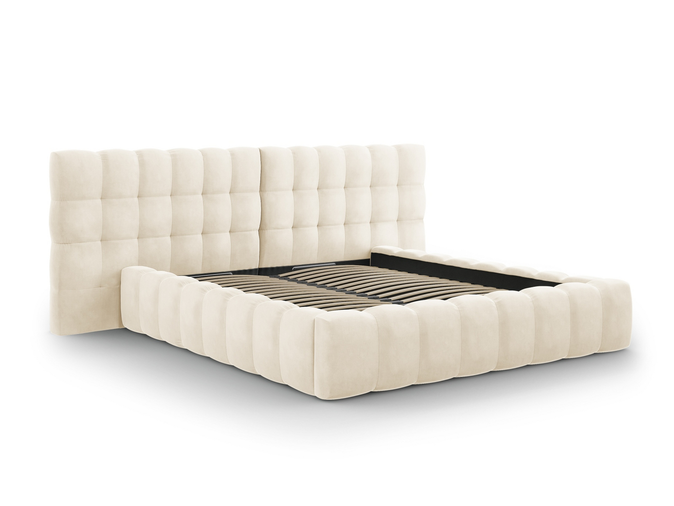 Cosmopolitan Design fløyelsseng med oppbevaring og dobbel sengegavl, "Bali", 250 × 230 × 100 cm, Bluvel, svarte plastben