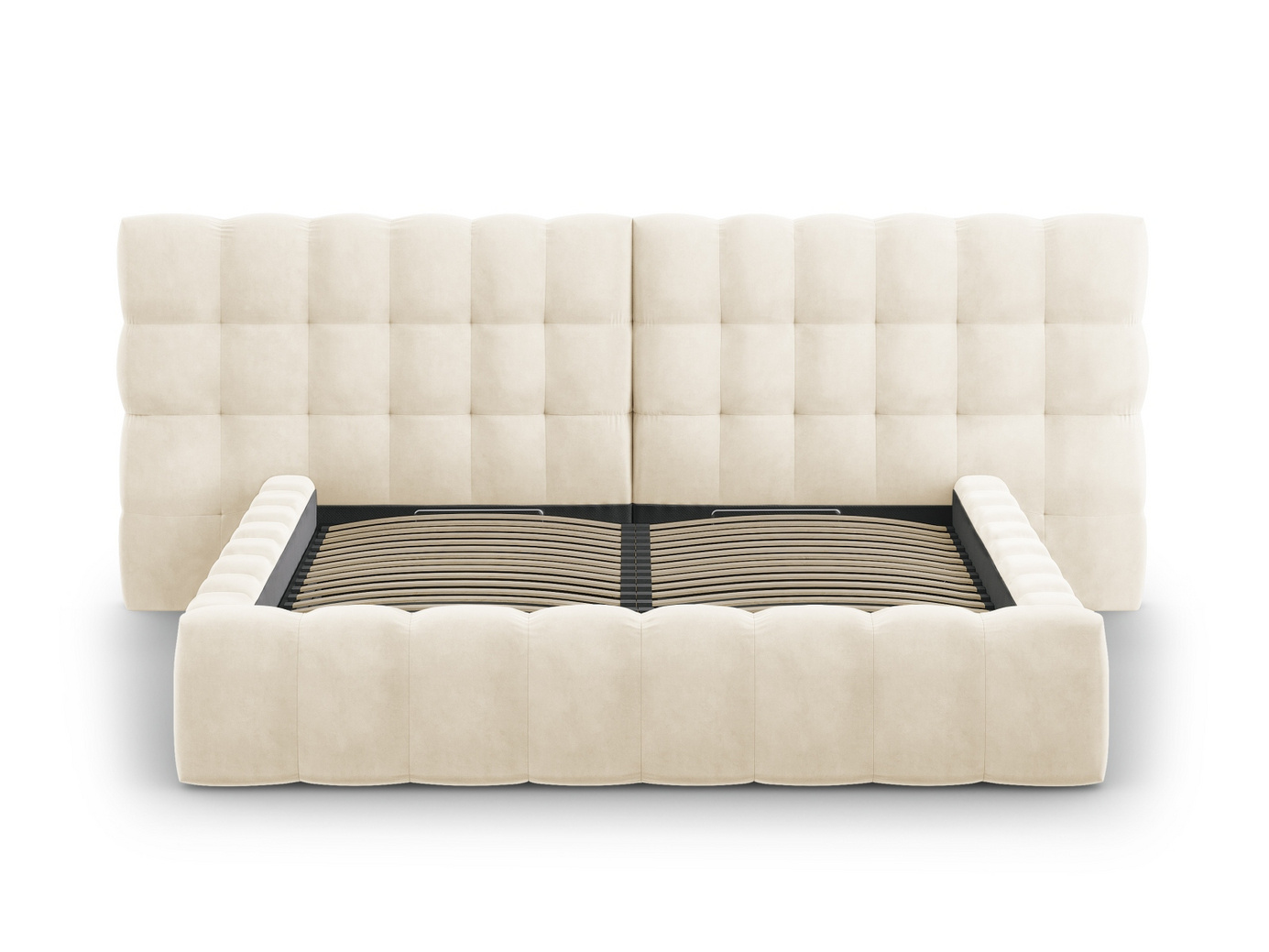 Cosmopolitan Design fløyelsseng med oppbevaring og dobbel sengegavl, "Bali", 250 × 230 × 100 cm, Bluvel, svarte plastben