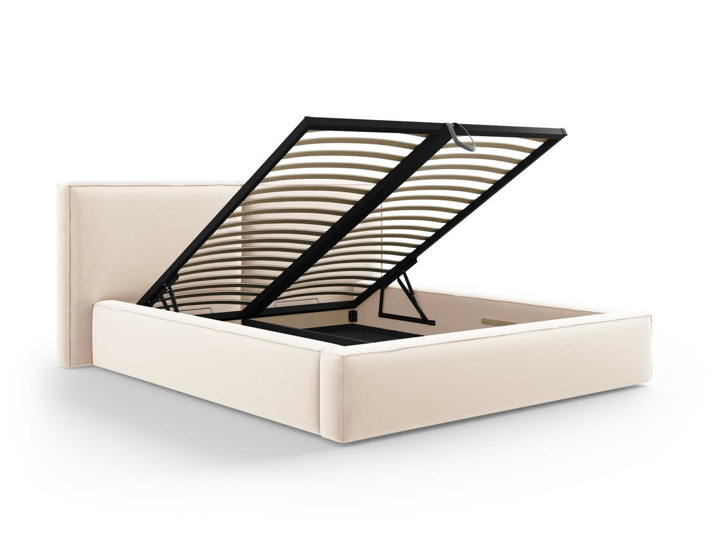 Cosmopolitan Design fløyelsseng med oppbevaring og dobbel sengegavl, "Arendal", 234 × 228 × 97,5 cm, Bluvel, svarte plastben