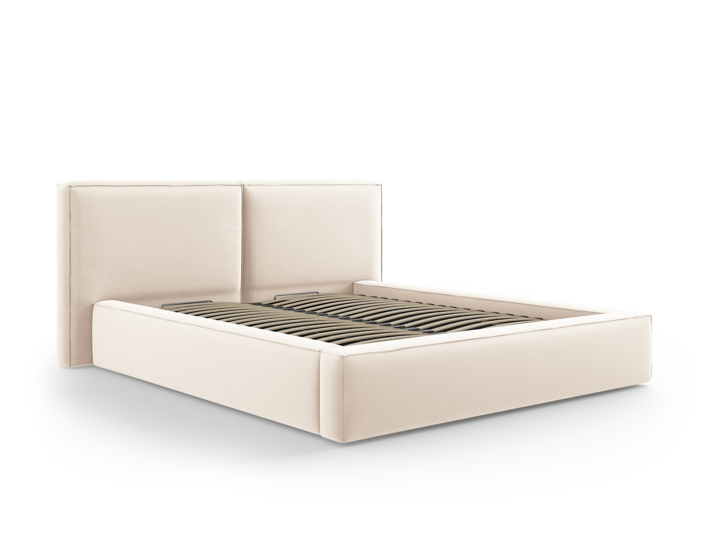 Cosmopolitan Design fløyelsseng med oppbevaring og dobbel sengegavl, "Arendal", 251 × 228 × 97,5 cm, Bluvel, svarte plastben