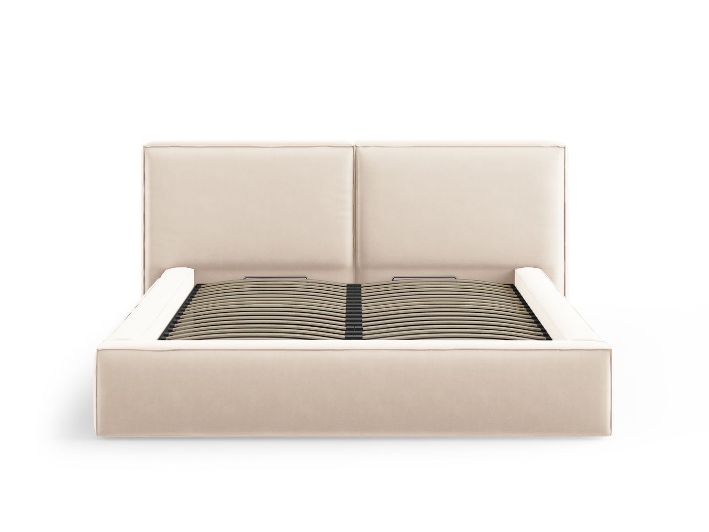 Cosmopolitan Design fløyelsseng med oppbevaring og dobbel sengegavl, "Arendal", 251 × 228 × 97,5 cm, Bluvel, svarte plastben