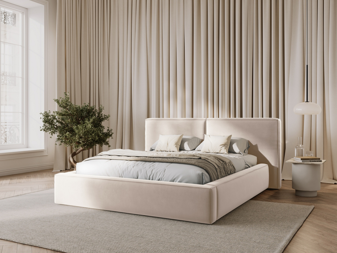 Cosmopolitan Design fløyelsseng med oppbevaring og dobbel sengegavl, "Arendal", 251 × 228 × 97,5 cm, Bluvel, svarte plastben