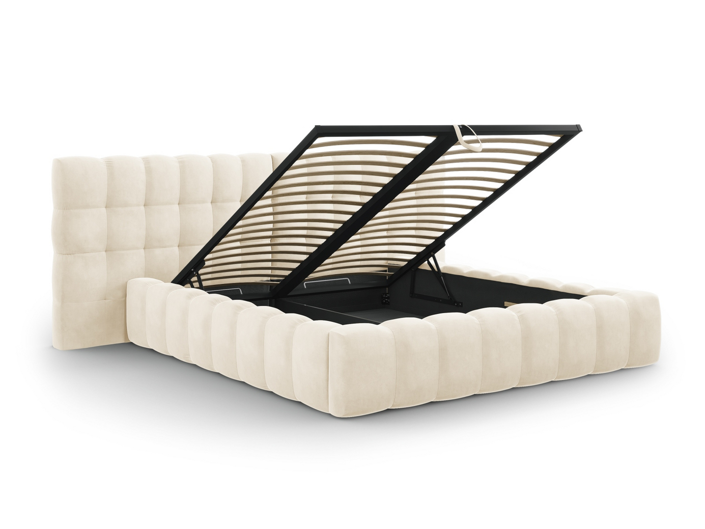 Cosmopolitan Design fløyelsseng med oppbevaring og dobbel sengegavl, "Bali", 350 × 230 × 100 cm, Bluvel, svarte plastben