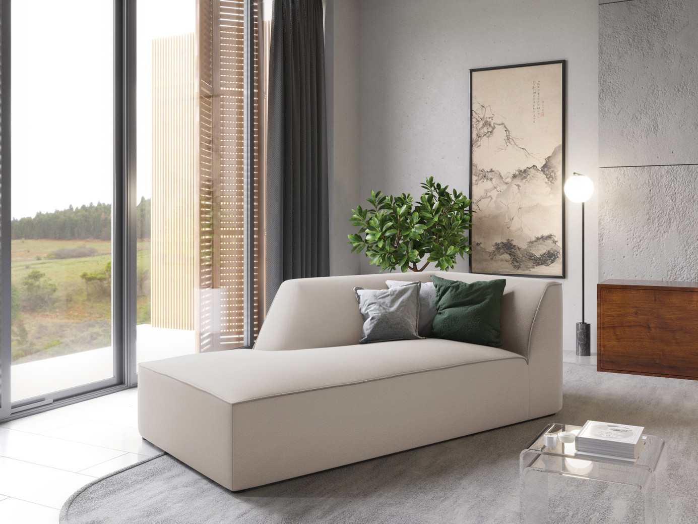 Cosmopolitan Design venstrevendt fløyelssjeselong, "Siena", 1-seter, 93 × 181 × 69 cm, Salvador, svarte plastben