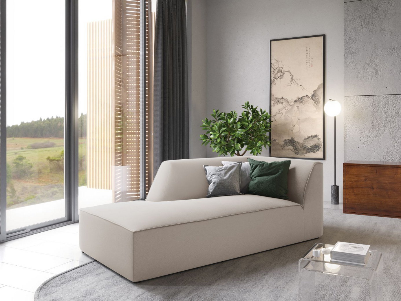 Cosmopolitan Design venstrevendt fløyelssjeselong, "Siena", 1-seter, 93 × 181 × 69 cm, Salvador, svarte plastben
