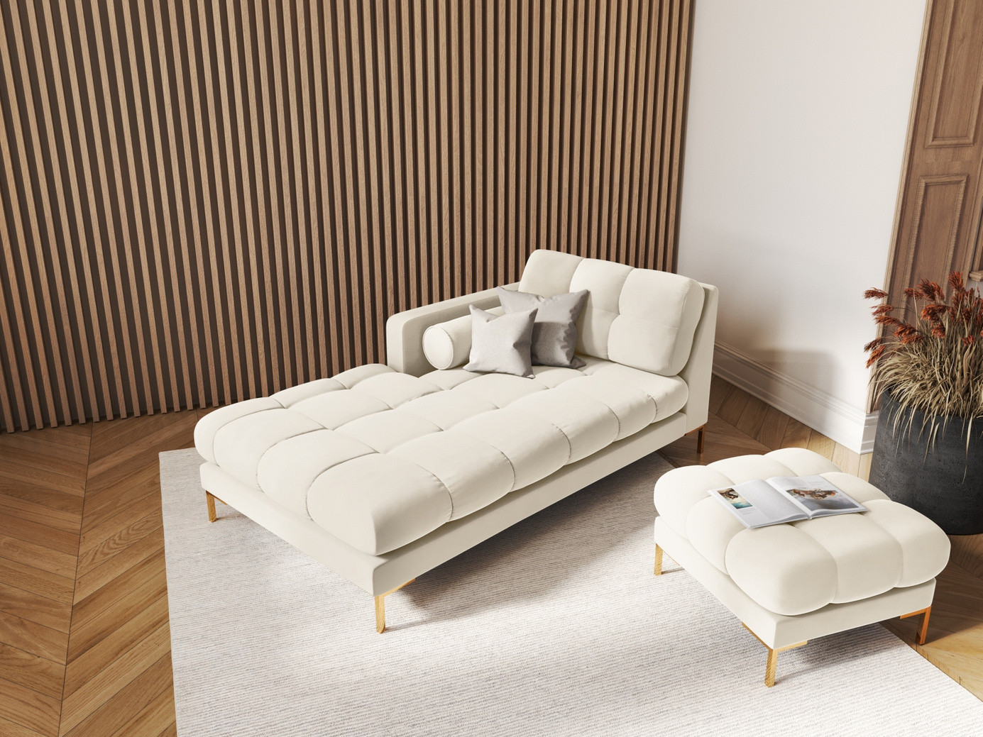 Cosmopolitan Design venstrevendt fløyelssjeselong, "Bali", 1-seter, 102 × 185 × 75 cm, Bluvel, gullfargede metallben