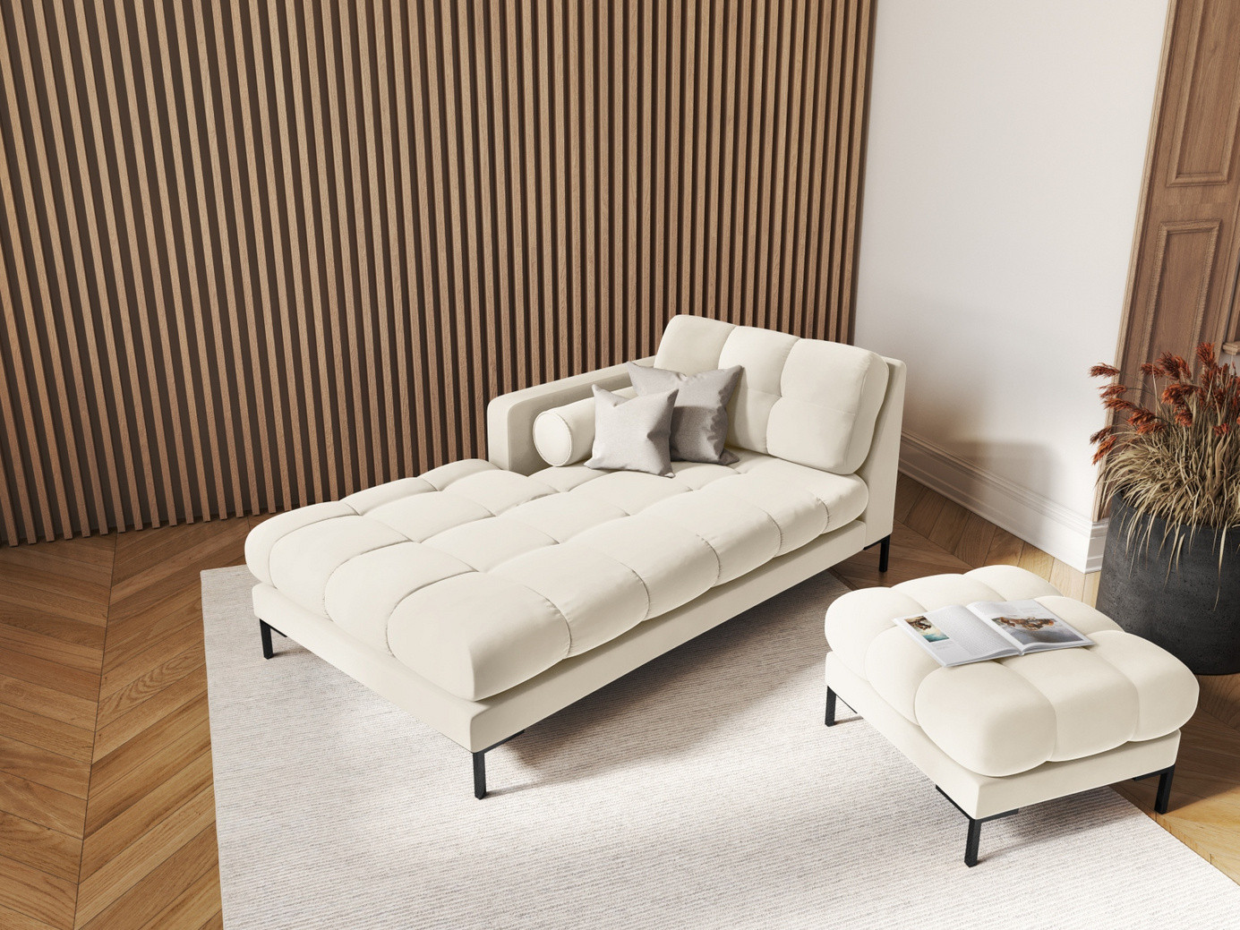 Cosmopolitan Design venstrevendt fløyelssjeselong, "Bali", 1-seter, 102 × 185 × 75 cm, Bluvel, svarte metallben