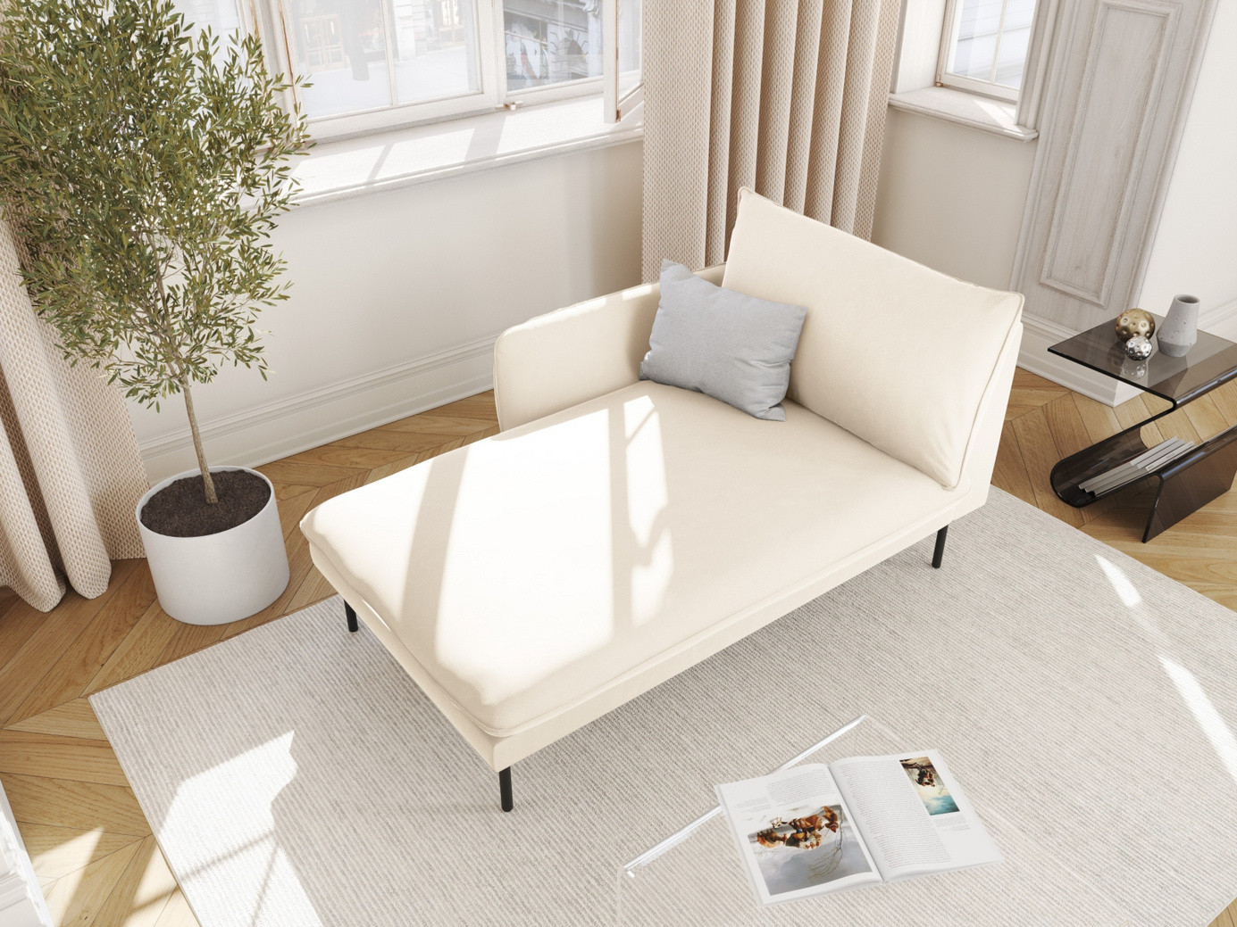 Cosmopolitan Design venstrevendt fløyelssjeselong, "Vienna", 1-seter, 110 × 170 × 95 cm, Bluvel, svarte metallben