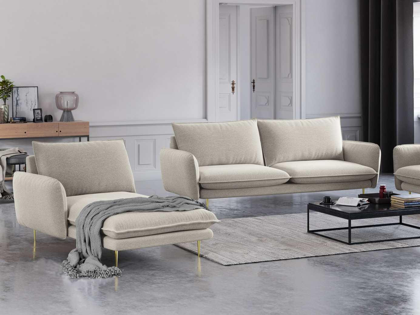 Cosmopolitan Design venstrevendt sjeselong, "Vienna", 1-seter, 110 × 170 × 95 cm, Positano, gullfargede metallben