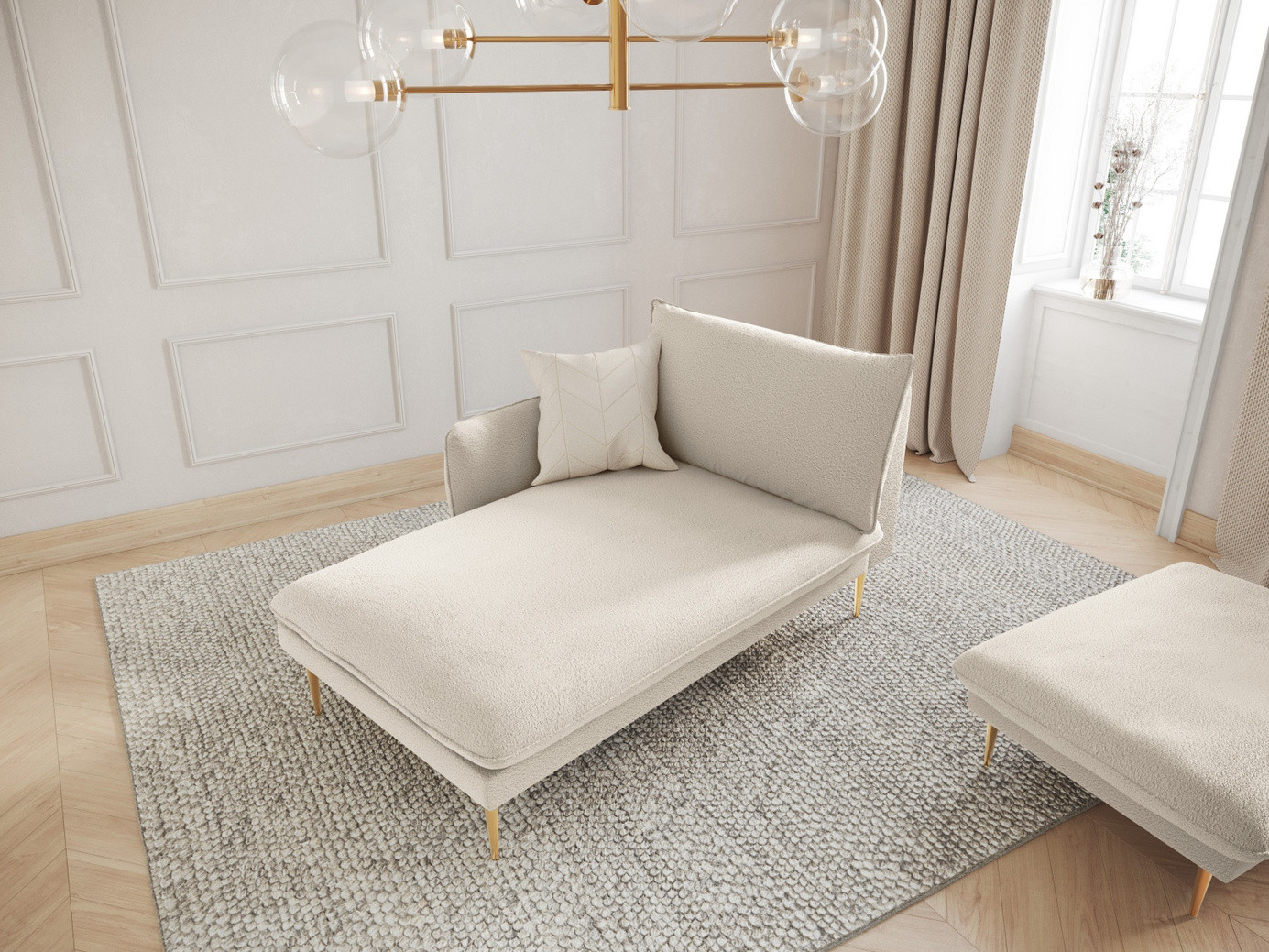 Cosmopolitan Design venstrevendt bouclé-sjeselong, "Vienna", 1-seter, 110 × 170 × 95 cm, Ascot, gullfargede metallben