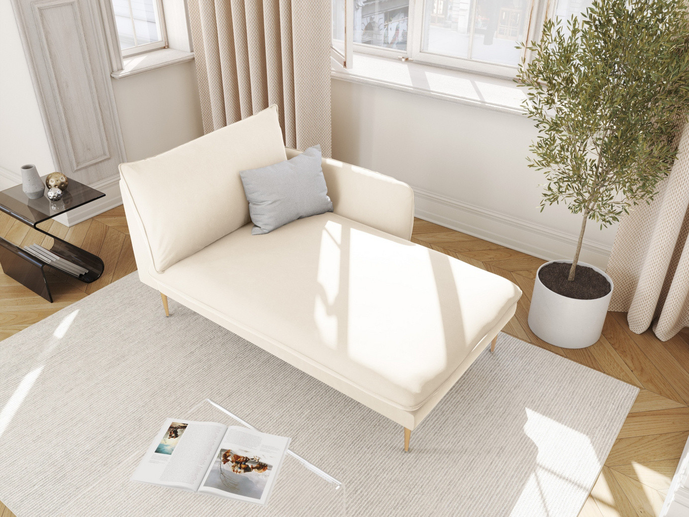 Cosmopolitan Design høyrevendt fløyelssjeselong, "Vienna", 1-seter, 110 × 170 × 95 cm, Bluvel, gullfargede metallben