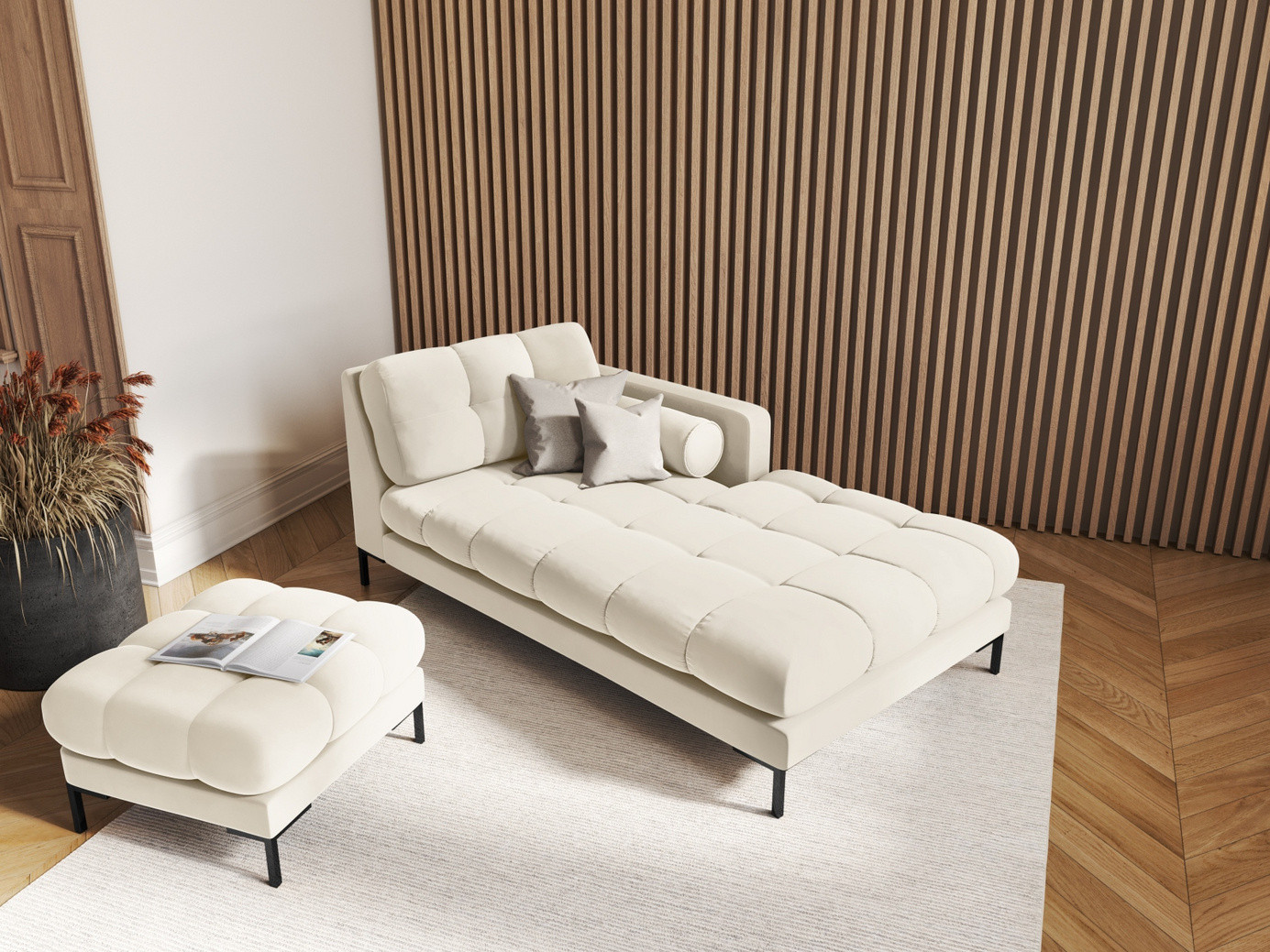 Cosmopolitan Design høyrevendt fløyelssjeselong, "Bali", 1-seter, 102 × 185 × 75 cm, Bluvel, svarte metallben