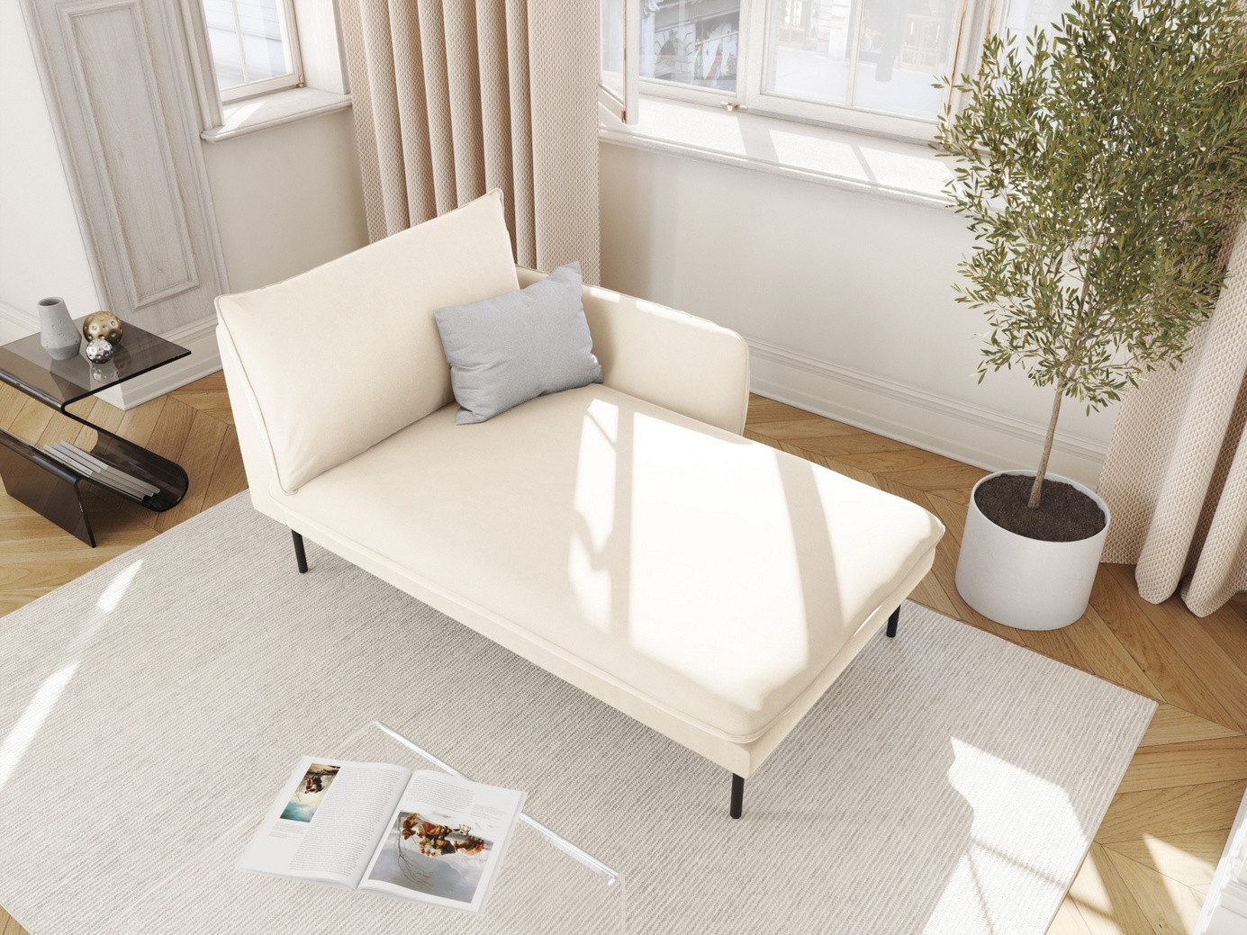 Cosmopolitan Design høyrevendt fløyelssjeselong, "Vienna", 1-seter, 110 × 170 × 95 cm, Bluvel, svarte metallben